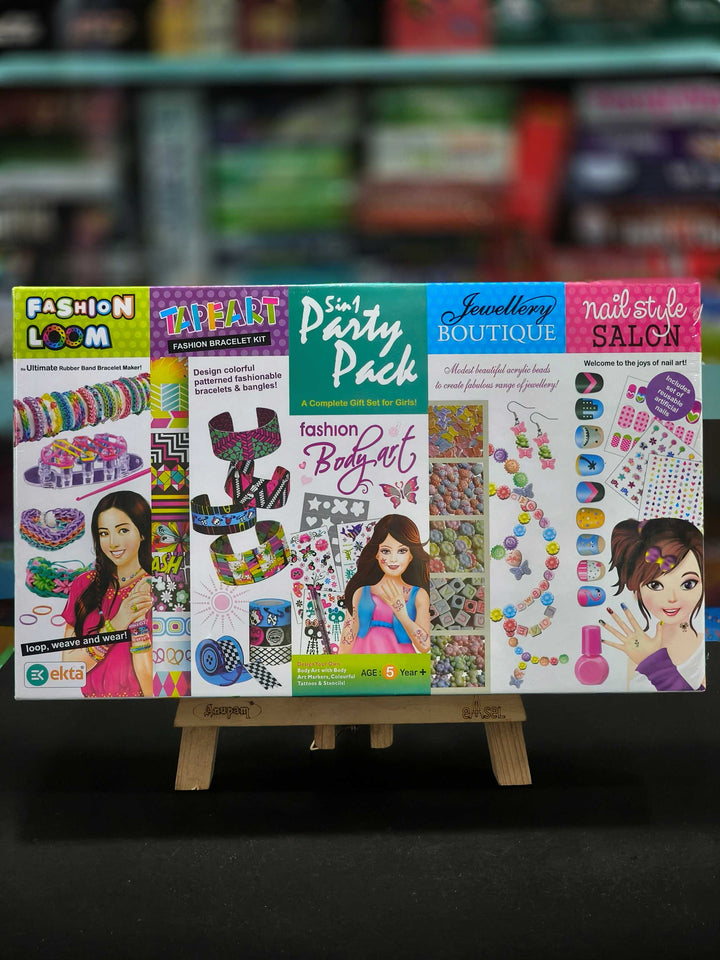 Ekta 5 In 1 | Party Pack Shimmer & Sparkle Nail, Fashion Loom, Bracelet Kit, Jewellery Boutique N Tattoo Fashion | A Complete Gift Set | For Girls, Age 5 & Above - KtoY