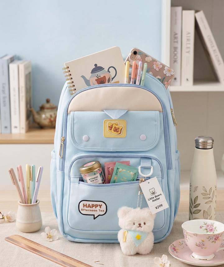 Cute Backpack for School & College Students | Large Capacity Backbag with Plush Keychain | Multiple Pockets | Lightweight Travel & College Bag