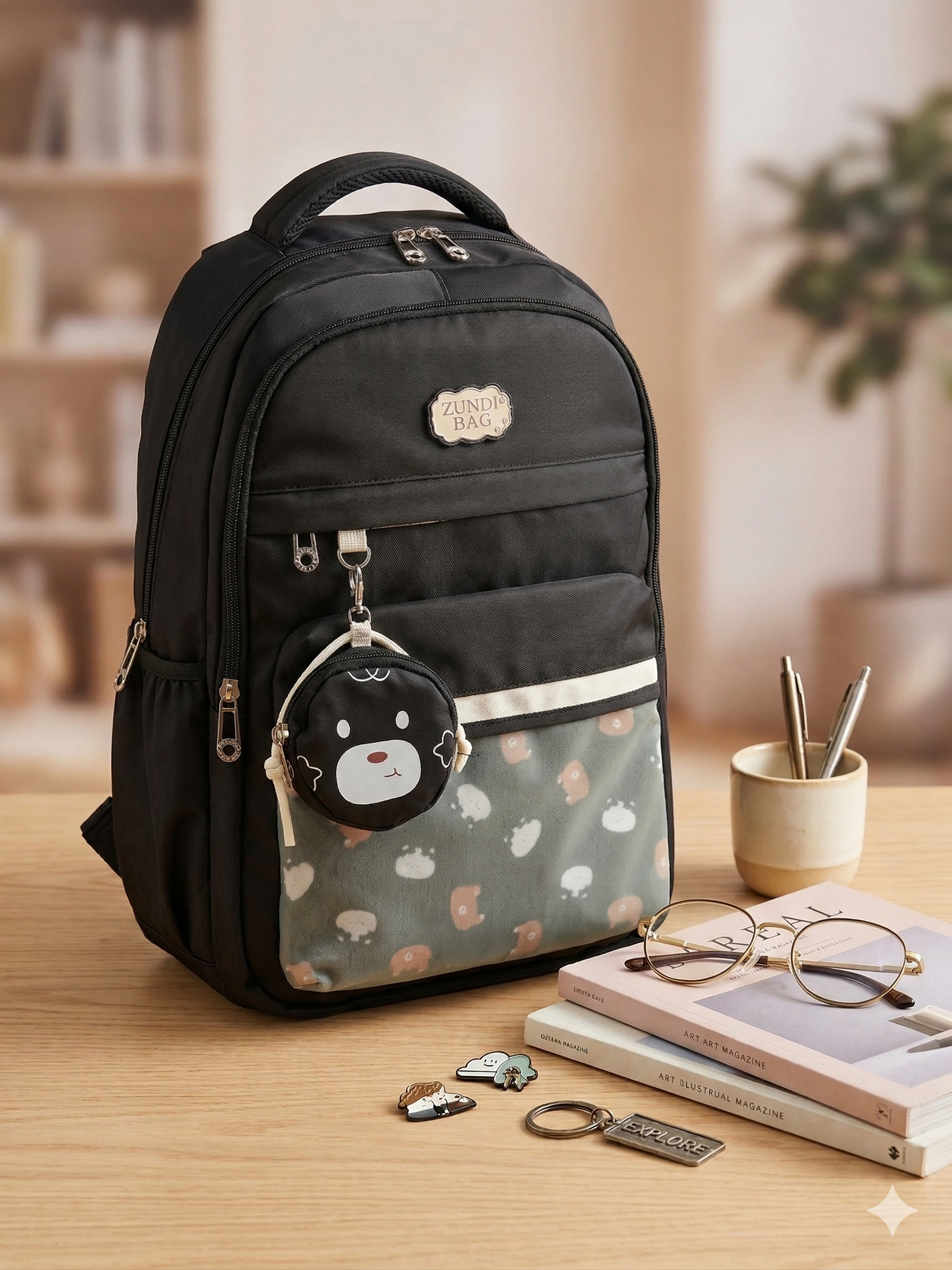 Premium Backpack for School Student | Double Shoulder Bag with Cute Bear Removable Pouch | Clear Pocket | Large Capacity Dopamine Colors Daypack