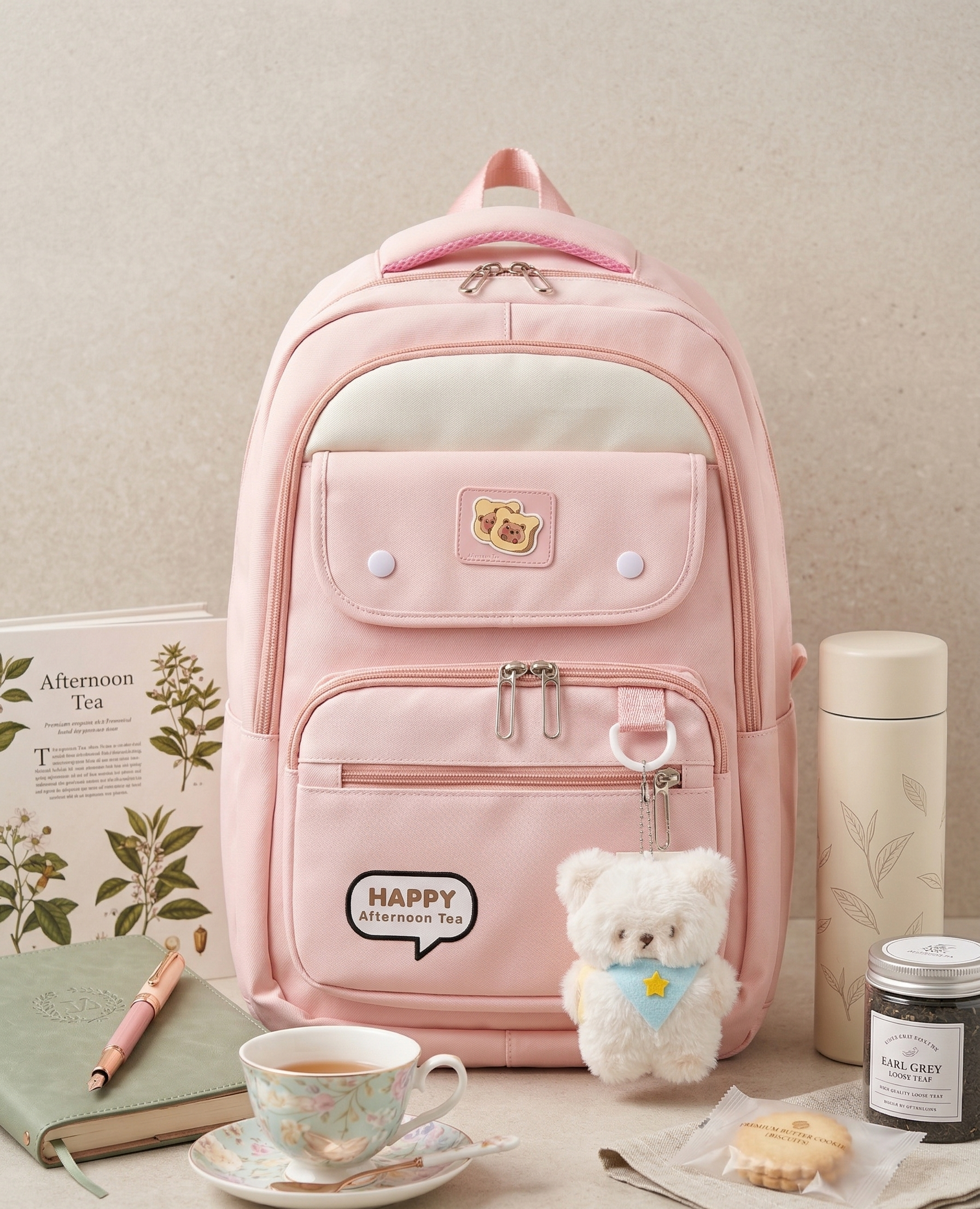Cute Backpack for School & College Students | Large Capacity Backbag with Plush Keychain | Multiple Pockets | Lightweight Travel & College Bag