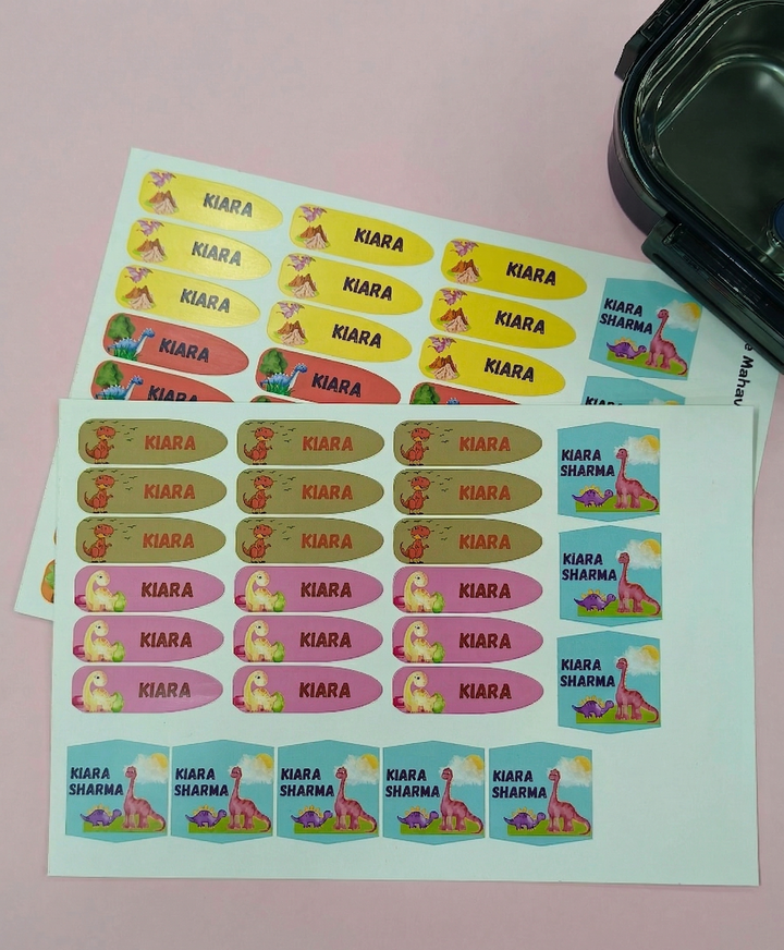 K to Y Personalized Waterproof Name Stickers for Kids | Waterproof Labels for School Notebooks, Lunch Box, Waterbottle, Stationery | Gift for Kids (Pack of 54) (Dinosaur)