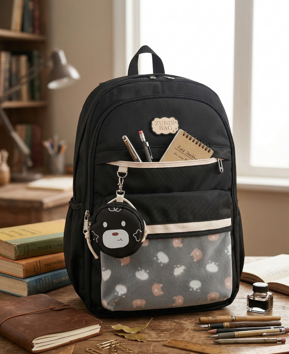 Premium Backpack for School Student | Double Shoulder Bag with Cute Bear Removable Pouch | Clear Pocket | Large Capacity Dopamine Colors Daypack