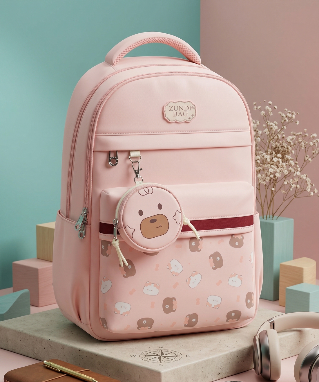 Premium Backpack for School Student | Double Shoulder Bag with Cute Bear Removable Pouch | Clear Pocket | Large Capacity Dopamine Colors Daypack