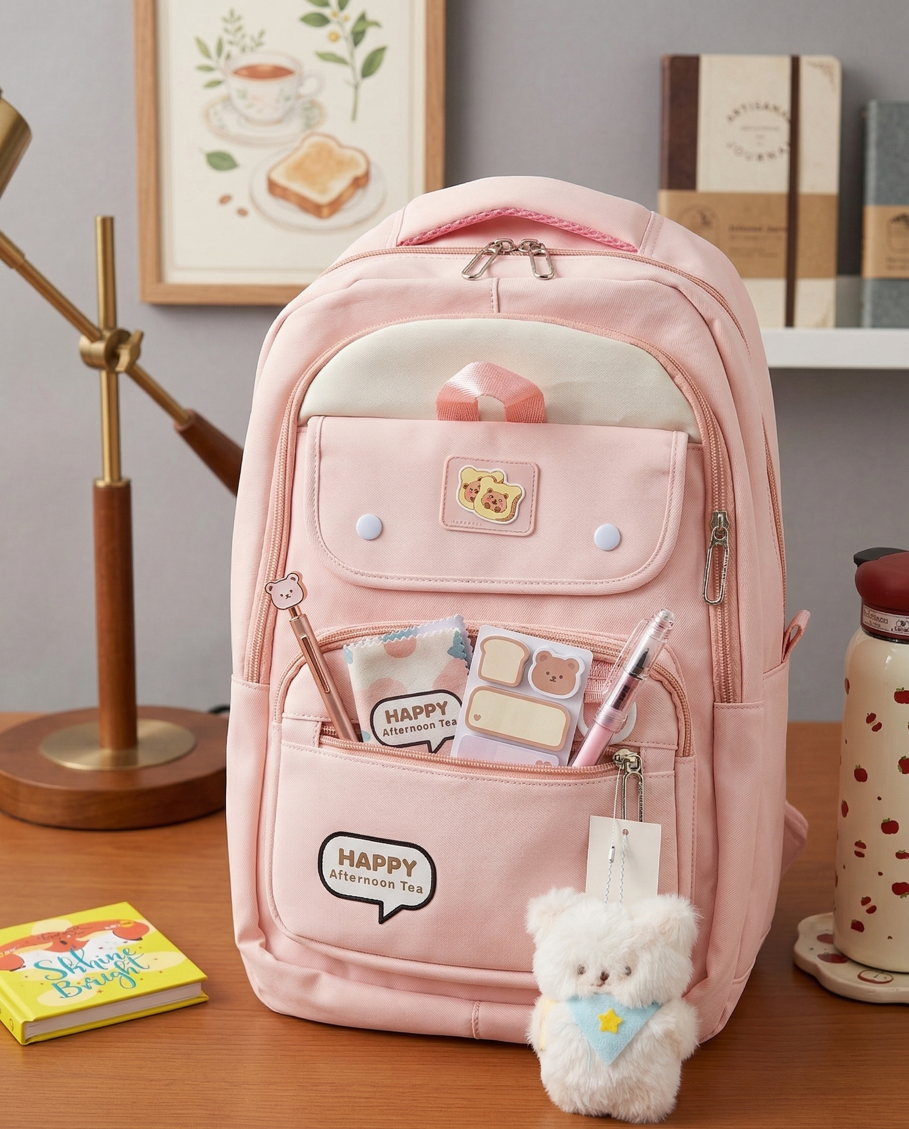 Cute Backpack for School & College Students | Large Capacity Backbag with Plush Keychain | Multiple Pockets | Lightweight Travel & College Bag
