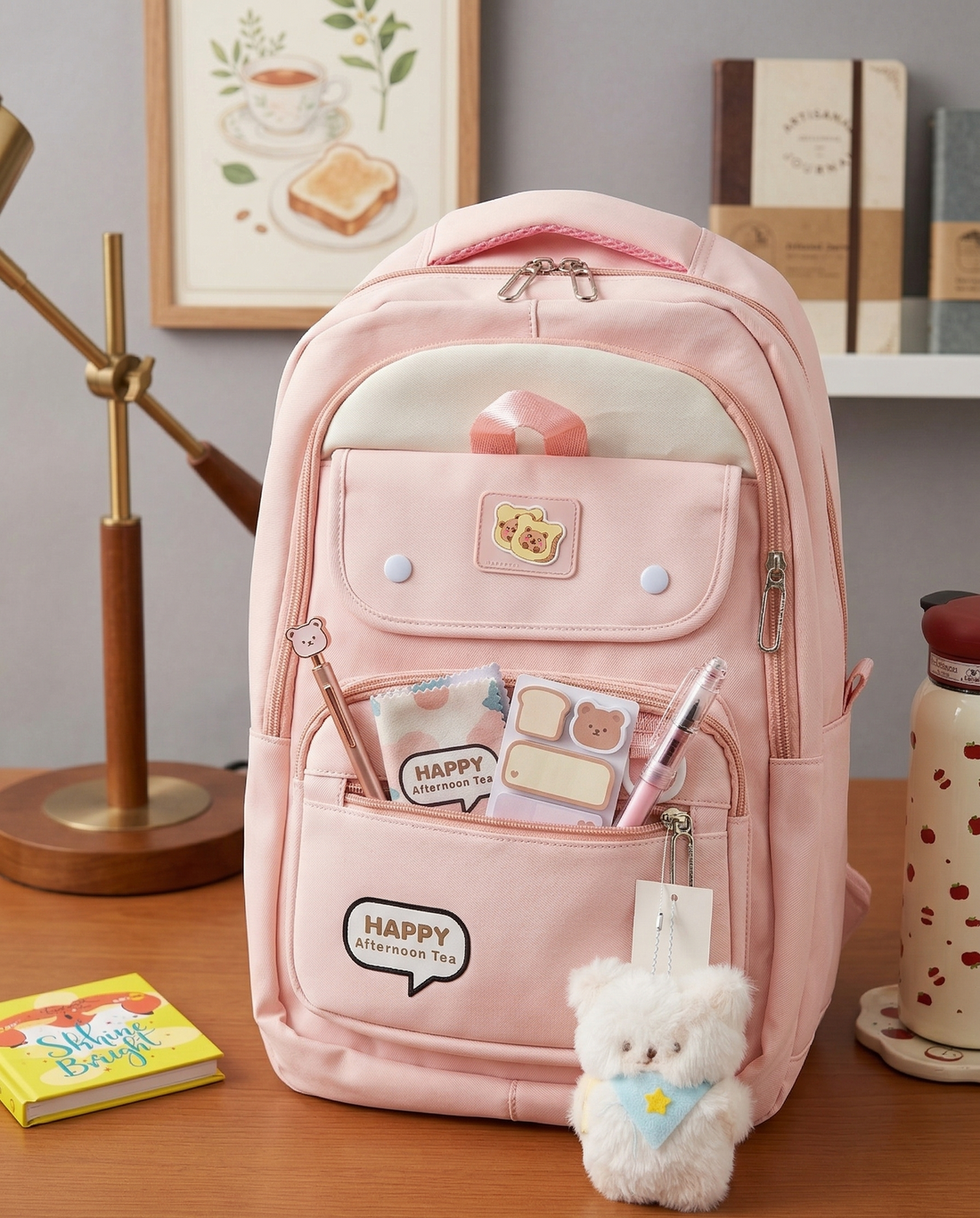 Cute Backpack for School & College Students | Large Capacity Backbag with Plush Keychain | Multiple Pockets | Lightweight Travel & College Bag