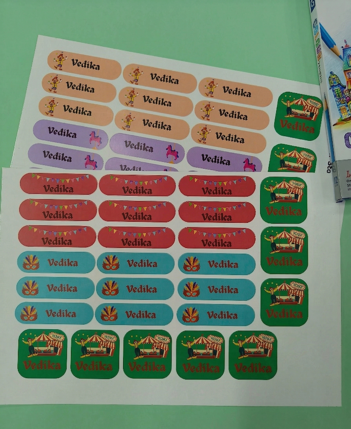 K to Y Personalized Waterproof Name Stickers for Kids | Waterproof Labels for School Notebooks, Lunch Box, Waterbottle, Stationery | Gift for Kids (Pack of 54) (Carnival)