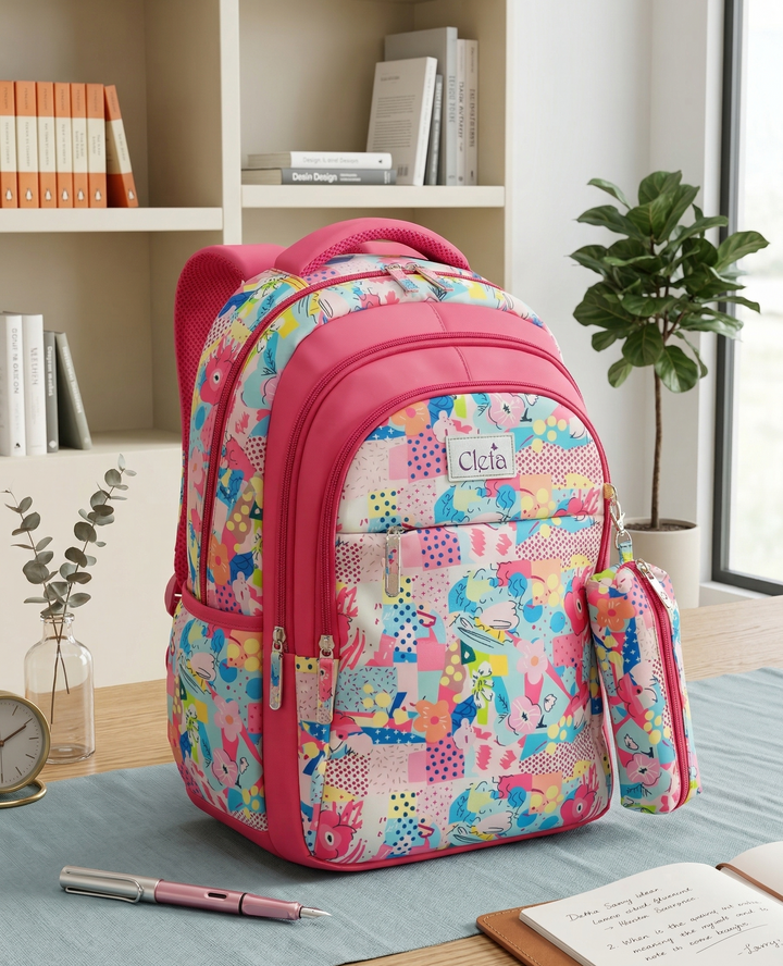 Premium Multi-Print School Bag for Girls and Kids | Spacious Interiors Casual Backpack Perfect for School, Everyday Use - Includes Free Stationery Pouch | 2 in 1 Backpack for Kids | 4 Zip School Bag for Kids