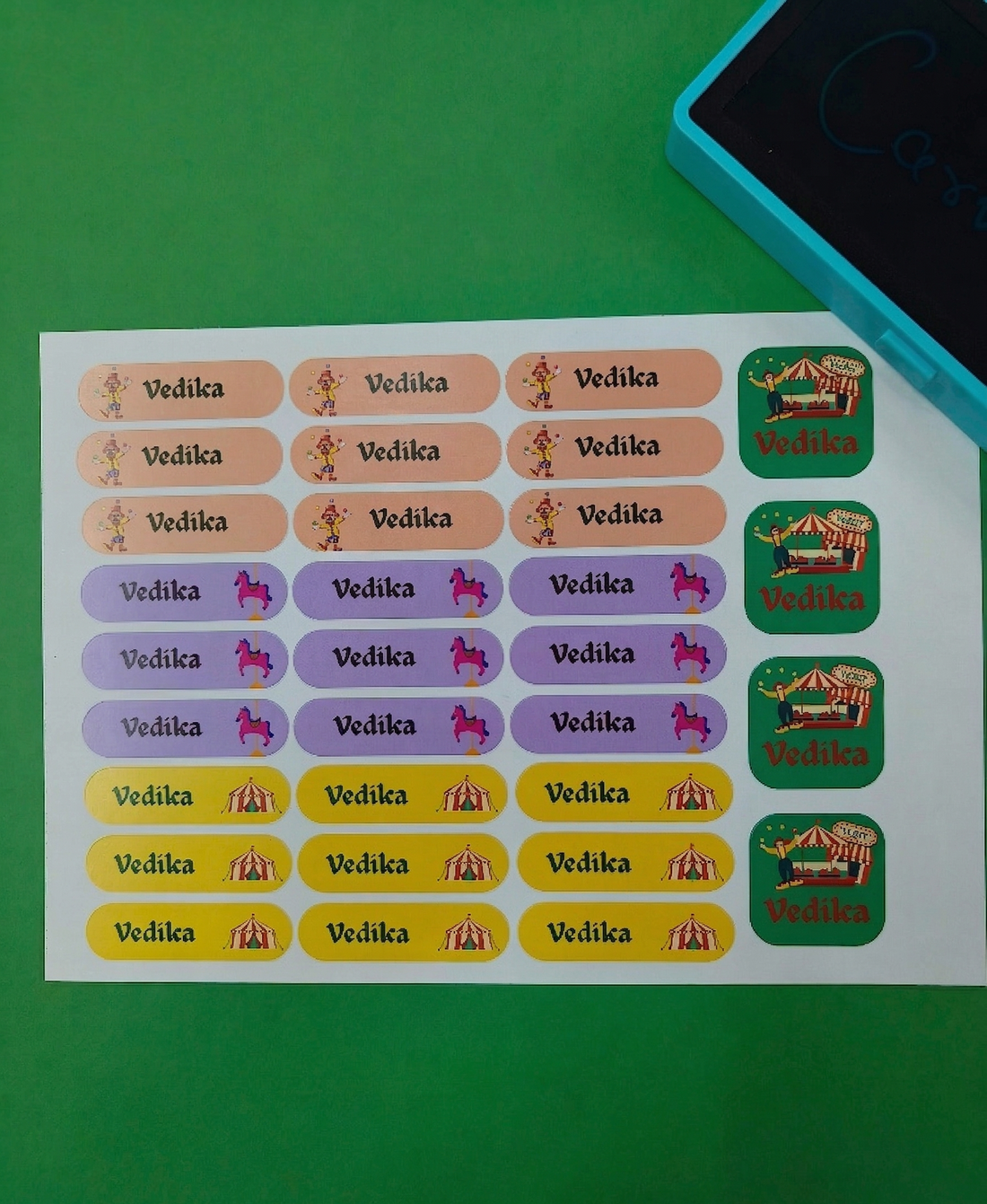 K to Y Personalized Waterproof Name Stickers for Kids | Waterproof Labels for School Notebooks, Lunch Box, Waterbottle, Stationery | Gift for Kids (Pack of 54) (Carnival)
