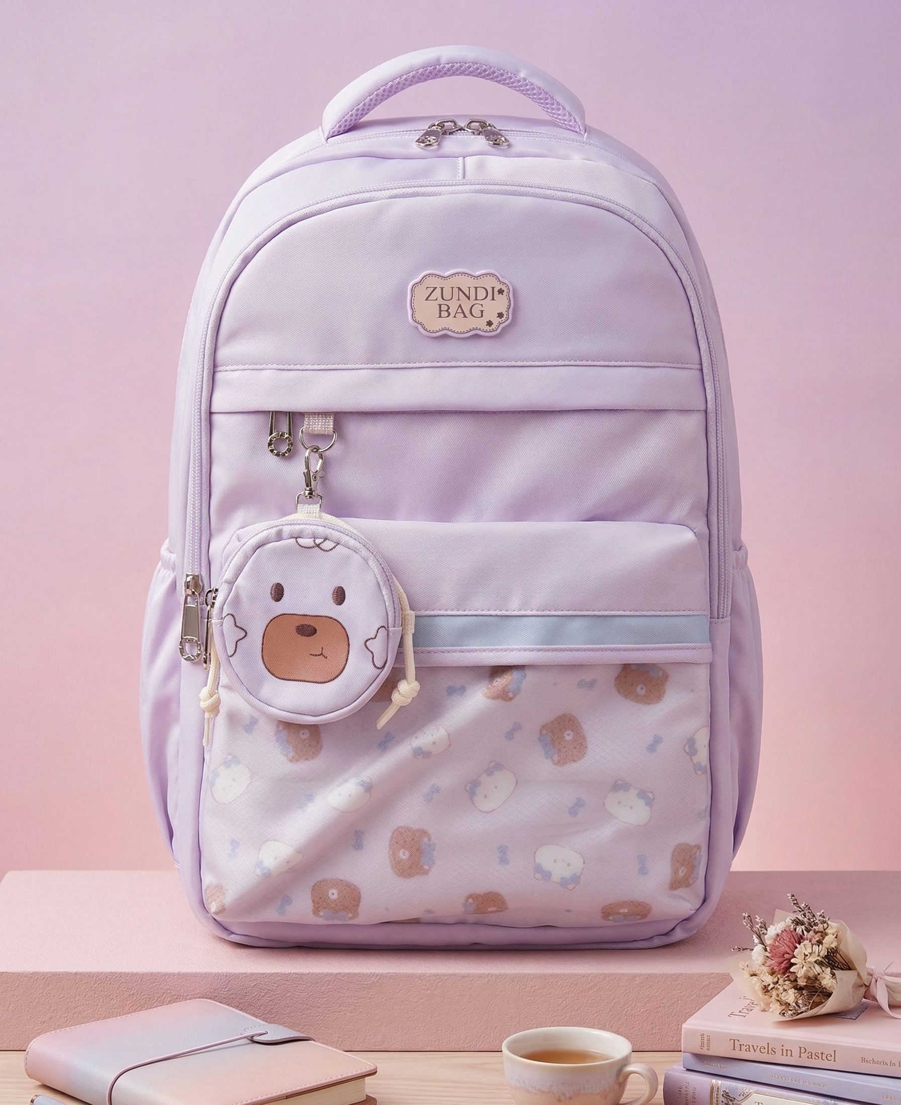 Premium Backpack for School Student | Double Shoulder Bag with Cute Bear Removable Pouch | Clear Pocket | Large Capacity Dopamine Colors Daypack