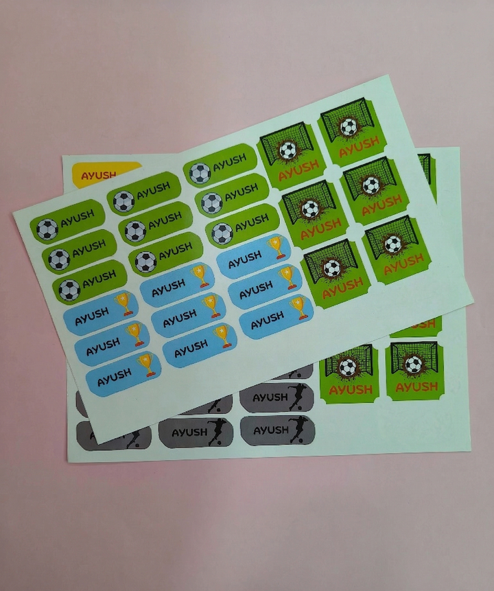 K to Y Personalized Waterproof Name Stickers for Kids | Waterproof Labels for School Notebooks, Lunch Box, Waterbottle, Stationery | Gift for Kids (Pack of 54) (Football)