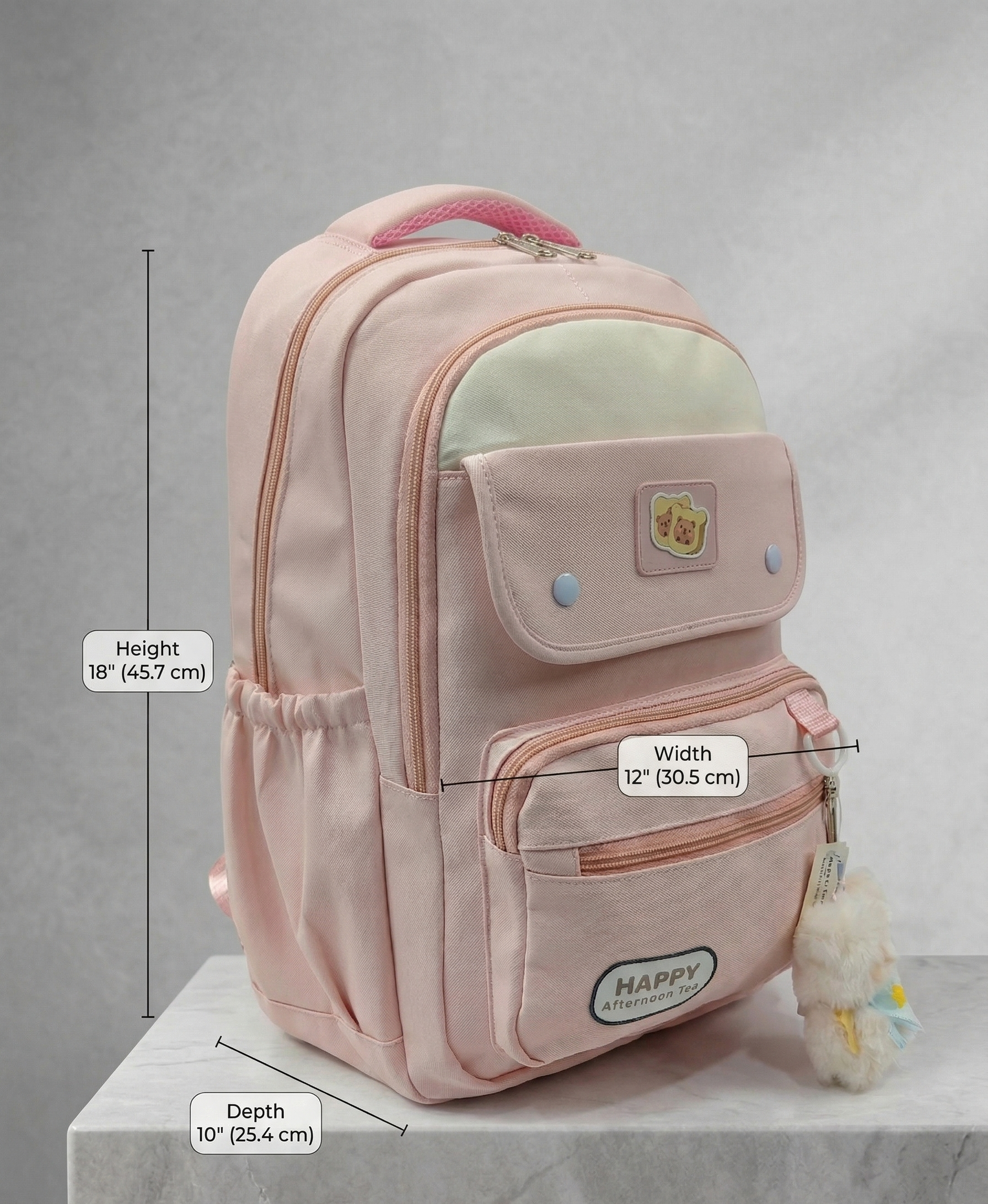Cute Backpack for School & College Students | Large Capacity Backbag with Plush Keychain | Multiple Pockets | Lightweight Travel & College Bag