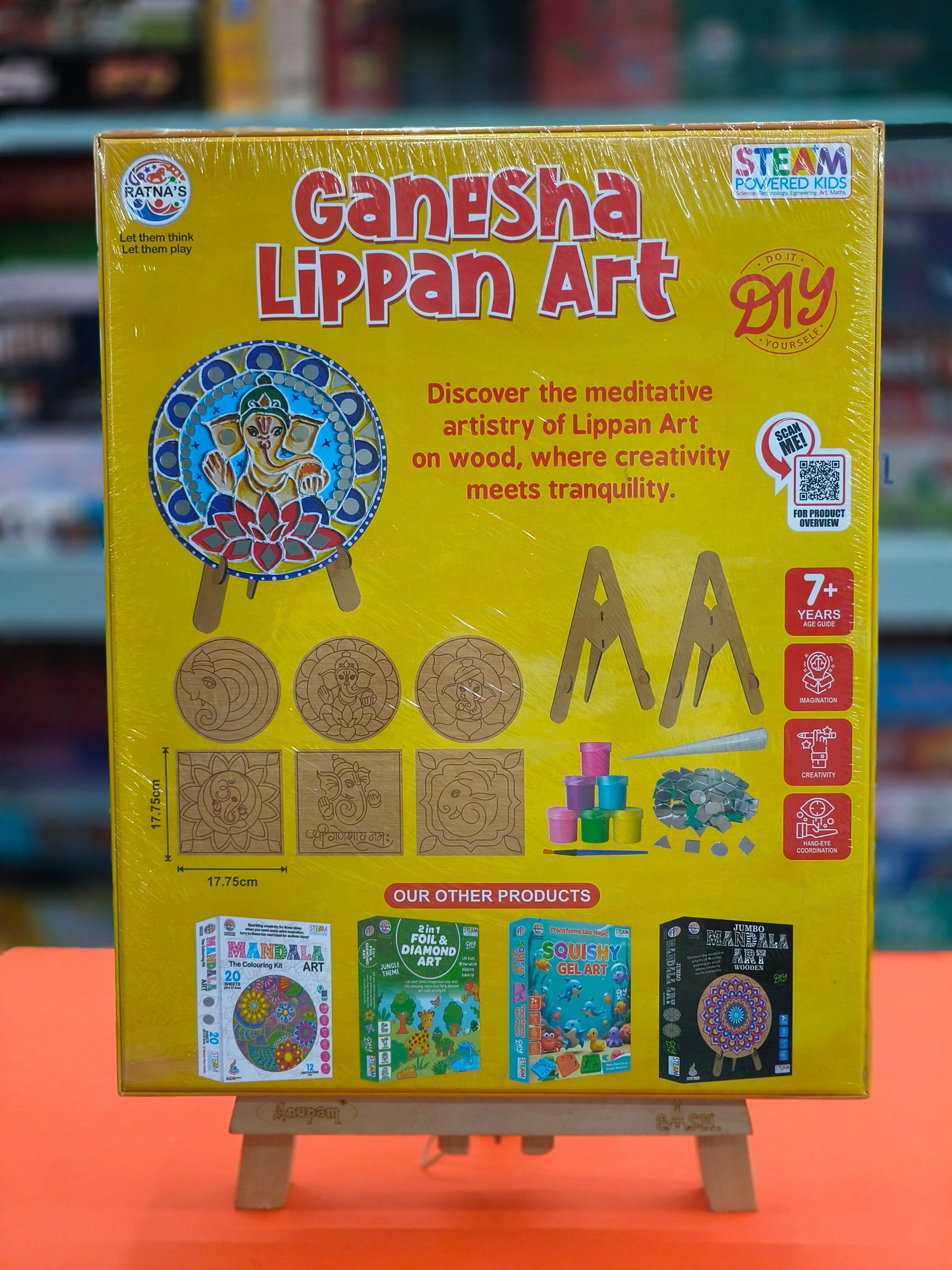 RATNA'S Ganesha Lippan Art Mandala Craft Kit for Kids and Adults | DIY Activity with 6 Wooden Lippan Art Pcs, Mirrors Pcs, Watercolors, Frames, Glue and Painting Brush | Ages 7 Years & Above - KtoY