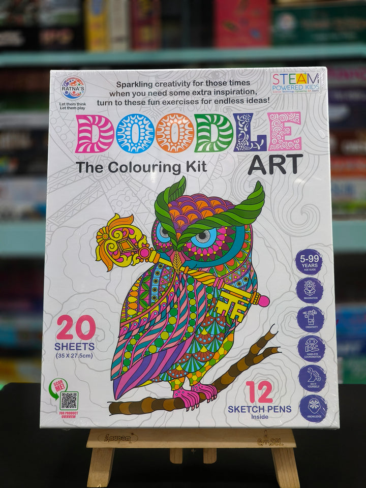 RATNA'S Doodle Art Colouring Kit - 20 Sheets & 12 Sketch Pens | Fun and Educational Colouring Set for Kids and Adults | Doodle Animal & Bird Design | Let Your Creativity Shine | For Ages 5 & Above - KtoY
