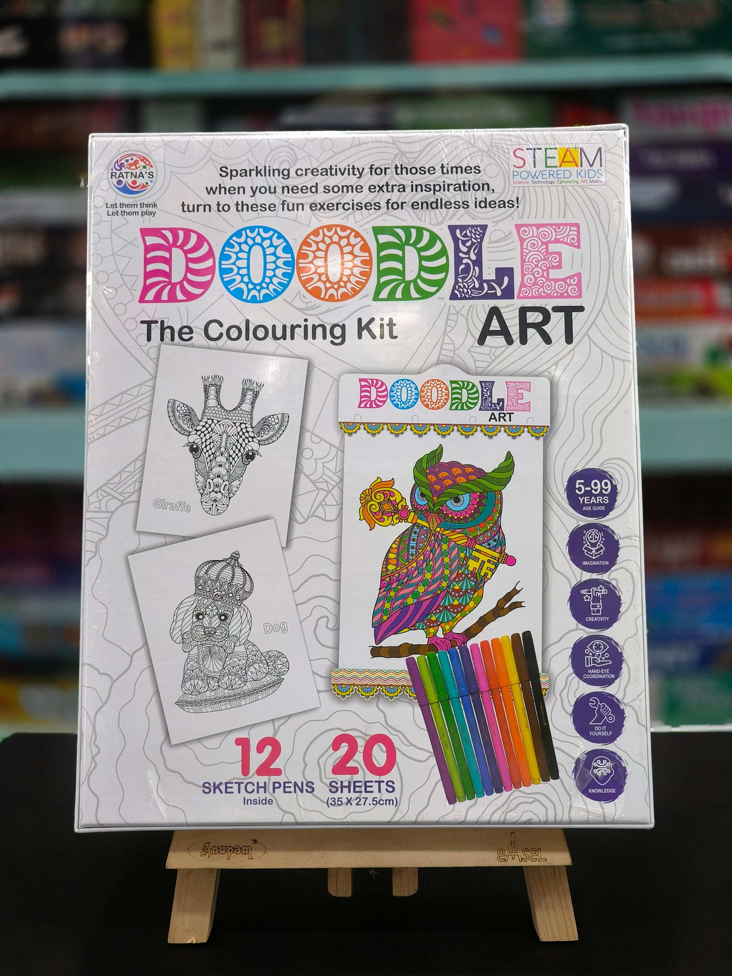 RATNA'S Doodle Art Colouring Kit - 20 Sheets & 12 Sketch Pens | Fun and Educational Colouring Set for Kids and Adults | Doodle Animal & Bird Design | Let Your Creativity Shine | For Ages 5 & Above - KtoY