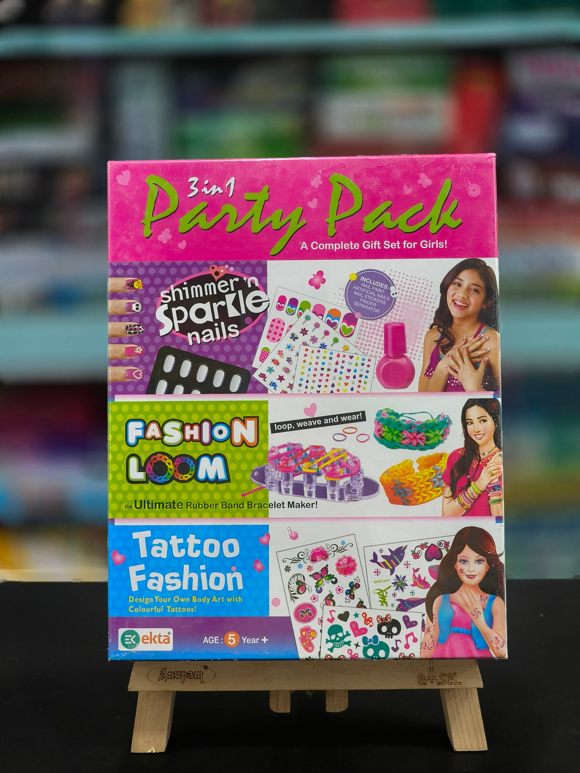Ekta 3 In 1 Party Pack Shimmer & Sparkle Nail, Fashion Loom & Tattoo Fashion | A Complete Gift Set | For Girls Age 5 & Above - KtoY
