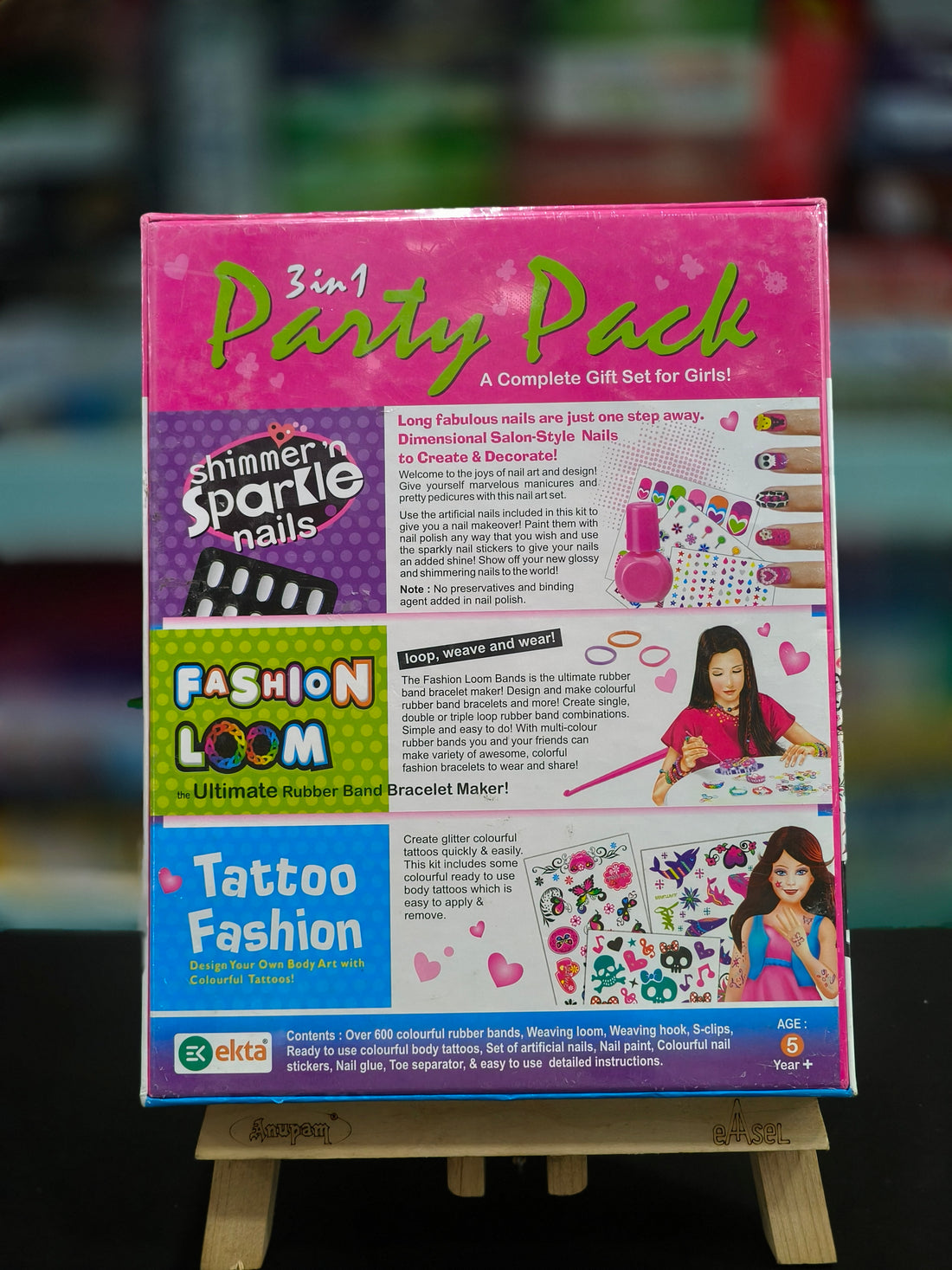 Ekta 3 In 1 Party Pack Shimmer & Sparkle Nail, Fashion Loom & Tattoo Fashion | A Complete Gift Set | For Girls Age 5 & Above - KtoY