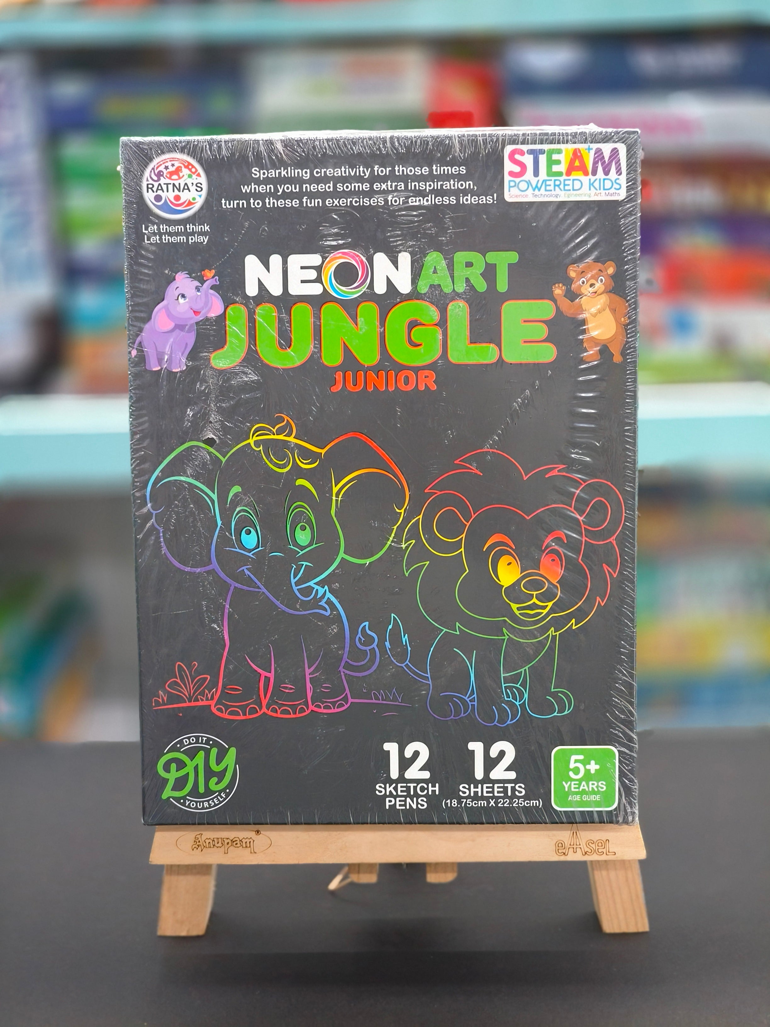 Ratna's Neon Art Jungle Junior Creative Coloring Kit with 12 Sheets (18.75 X 22.25 cm) and 12 Sketch Pens - Creative Coloring Fun | For Age 5 Years & Above - KtoY