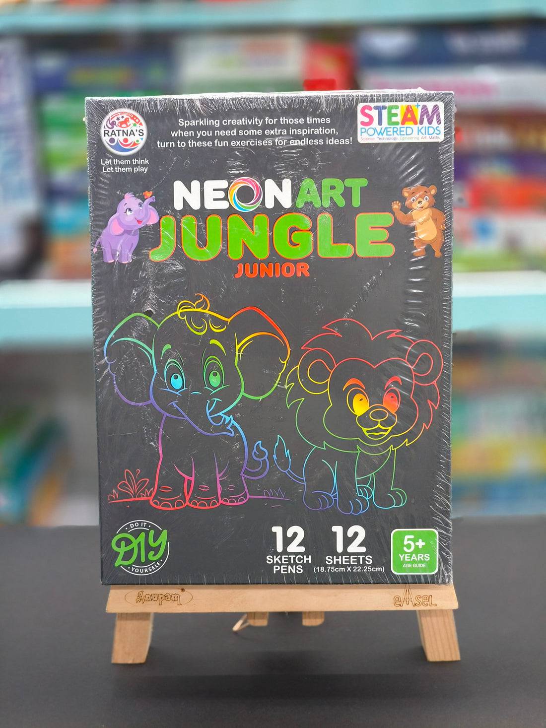 Ratna's Neon Art Jungle Junior Creative Coloring Kit with 12 Sheets (18.75 X 22.25 cm) and 12 Sketch Pens - Creative Coloring Fun | For Age 5 Years & Above - KtoY