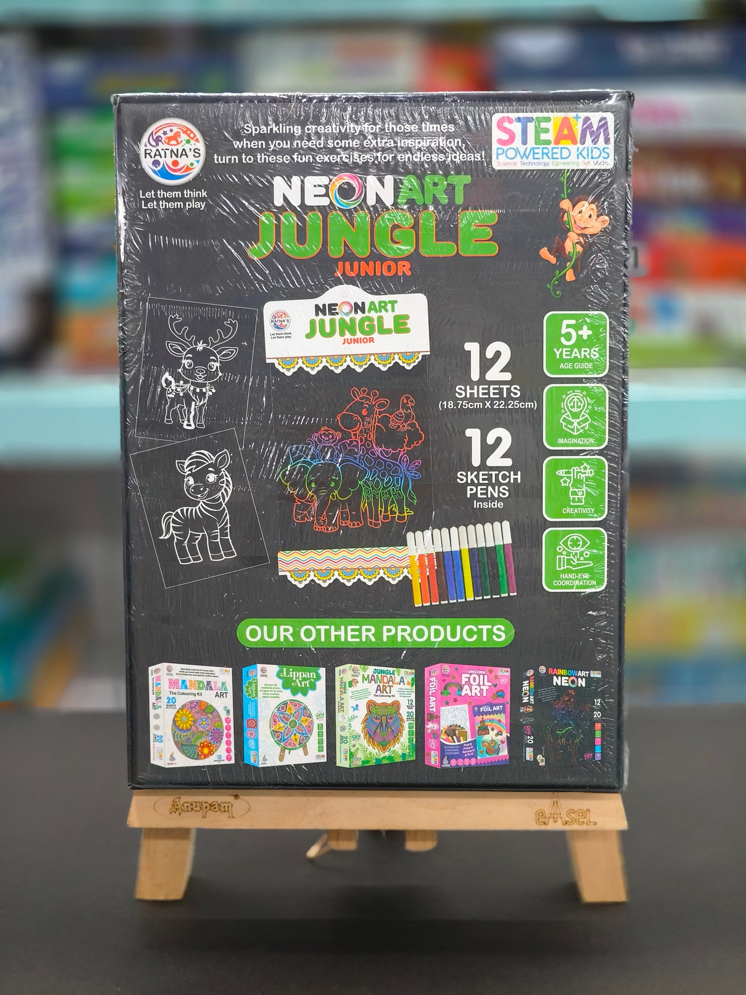 Ratna's Neon Art Jungle Junior Creative Coloring Kit with 12 Sheets (18.75 X 22.25 cm) and 12 Sketch Pens - Creative Coloring Fun | For Age 5 Years & Above - KtoY