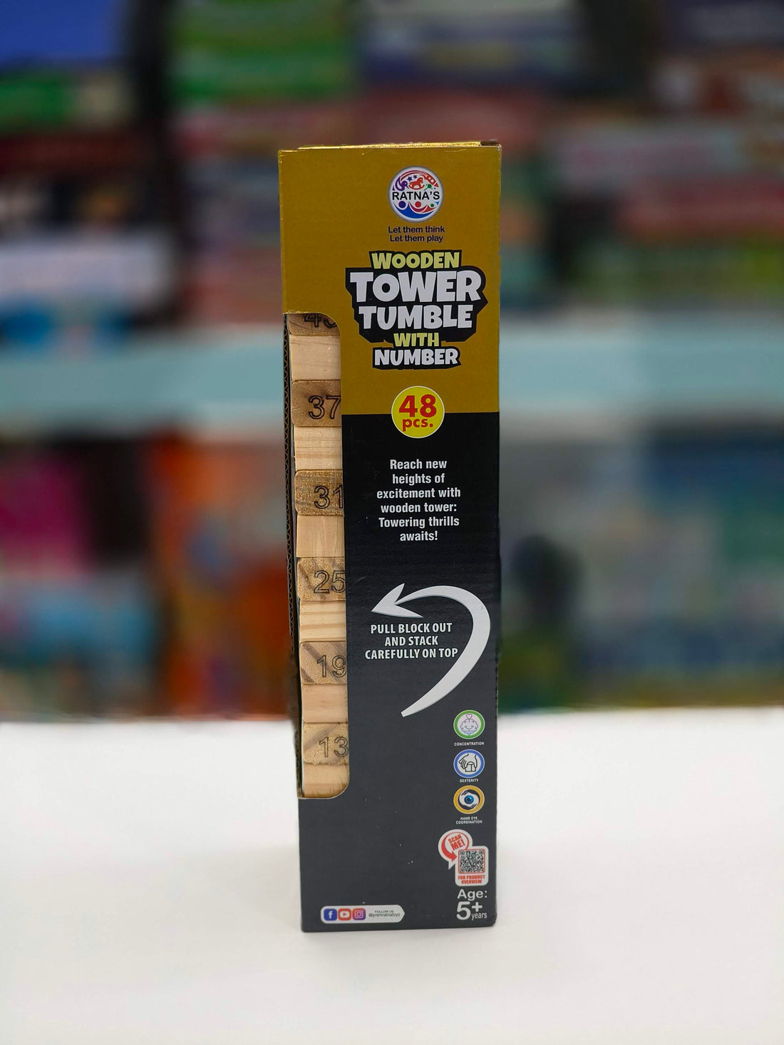 RATNA'S Wooden Tower with numbers | 48 pcs Wooden Building Block | Party Game | Tumbling Tower Game | For Kids and Adults | Ages 6 Years & Above - KtoY