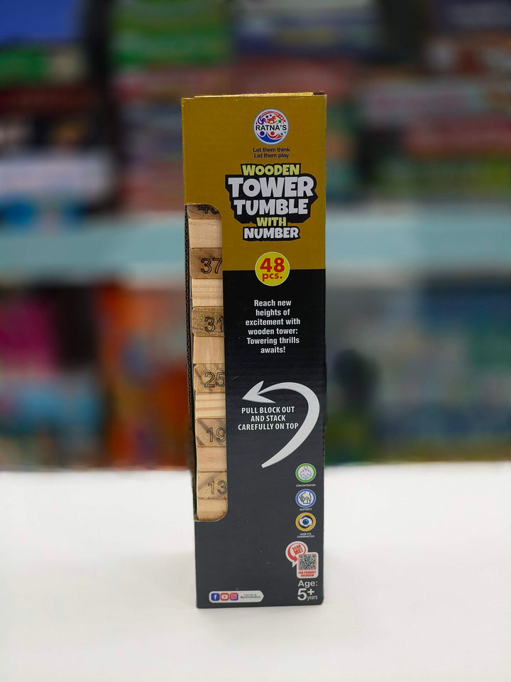 RATNA'S Wooden Tower with numbers | 48 pcs Wooden Building Block | Party Game | Tumbling Tower Game | For Kids and Adults | Ages 6 Years & Above