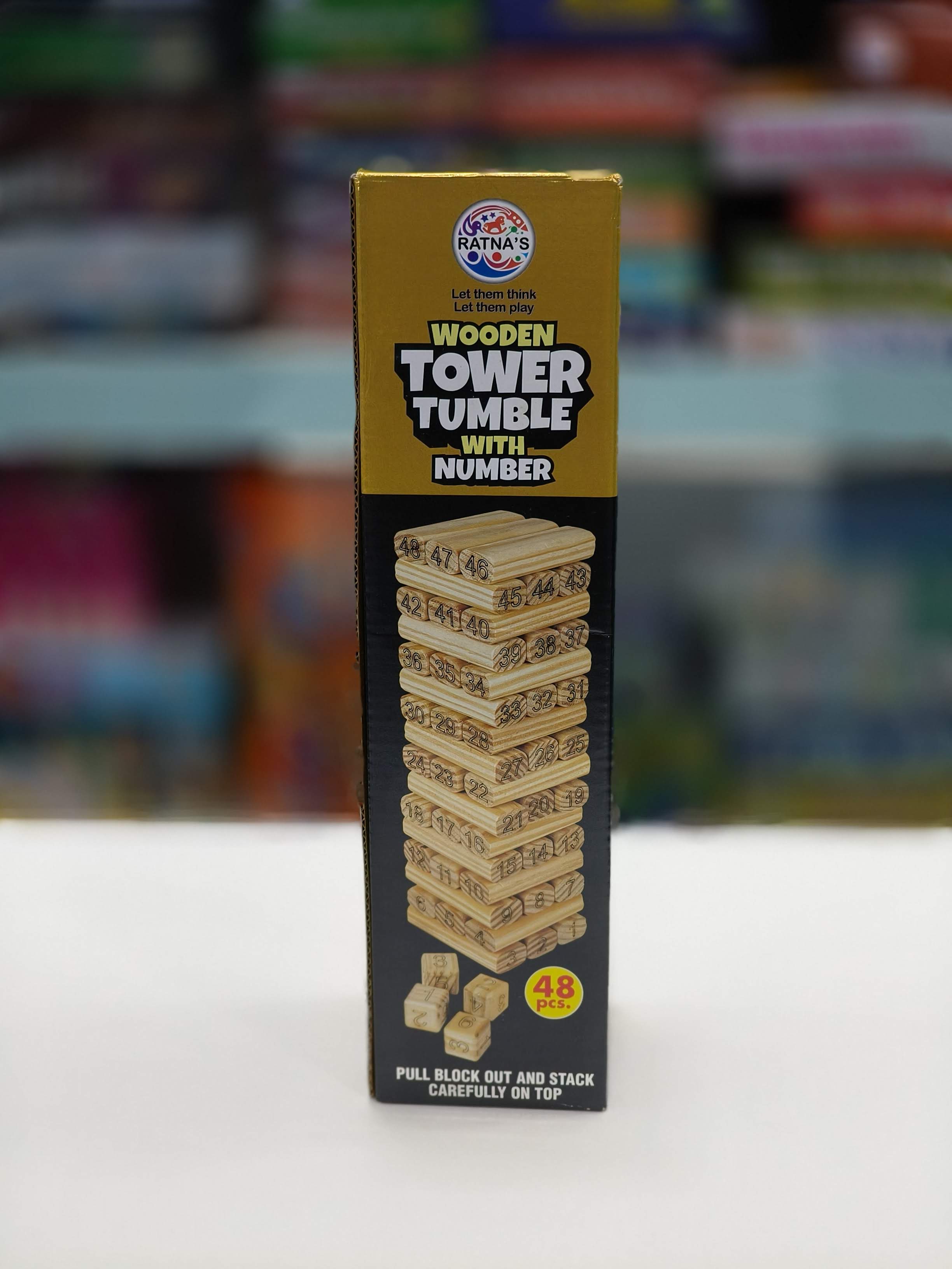 RATNA'S Wooden Tower with numbers | 48 pcs Wooden Building Block | Party Game | Tumbling Tower Game | For Kids and Adults | Ages 6 Years & Above - KtoY