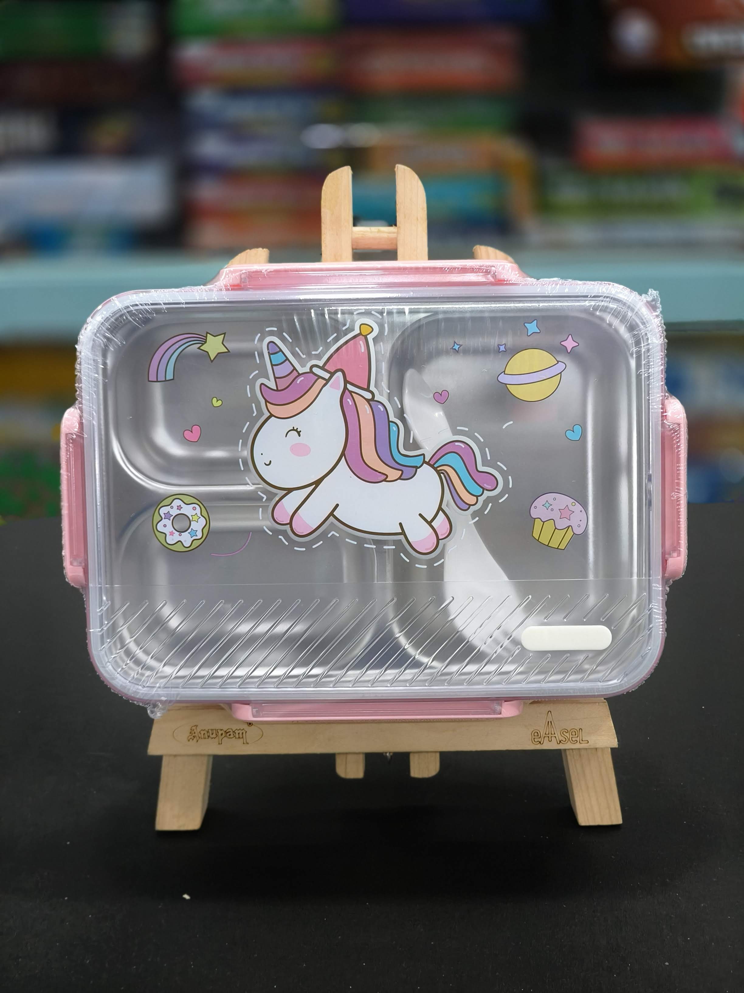 Lunch Box 3 Compartment Leak-Proof Stainless Steel for School | Tiffin Box | Lunch Box for School & Office with a Fork cum Spoon | Assorted colour & design - KtoY