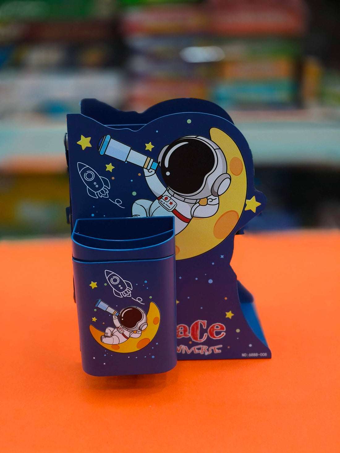 Metal Book Rack | Metal Book Shelf | Adjustable Book Stand with Pen Holder in Space Theme | Metal Semi-Open Book Shelf - KtoY