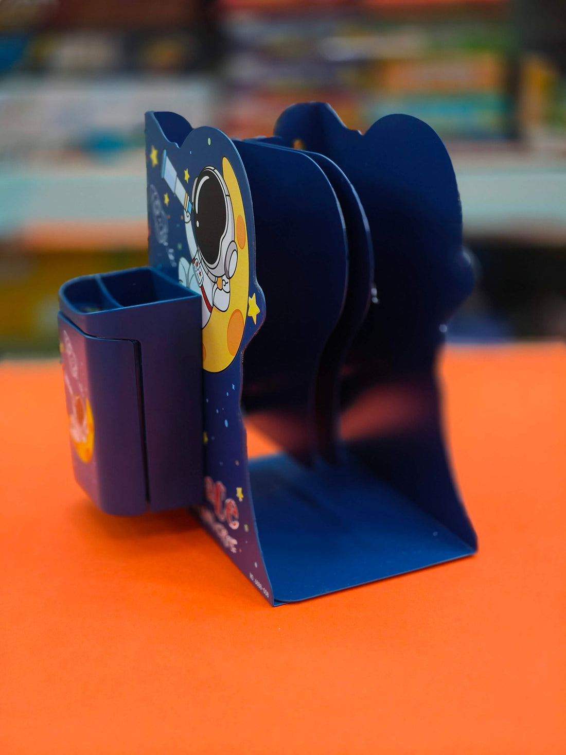 Metal Book Rack | Metal Book Shelf | Adjustable Book Stand with Pen Holder in Space Theme | Metal Semi-Open Book Shelf - KtoY