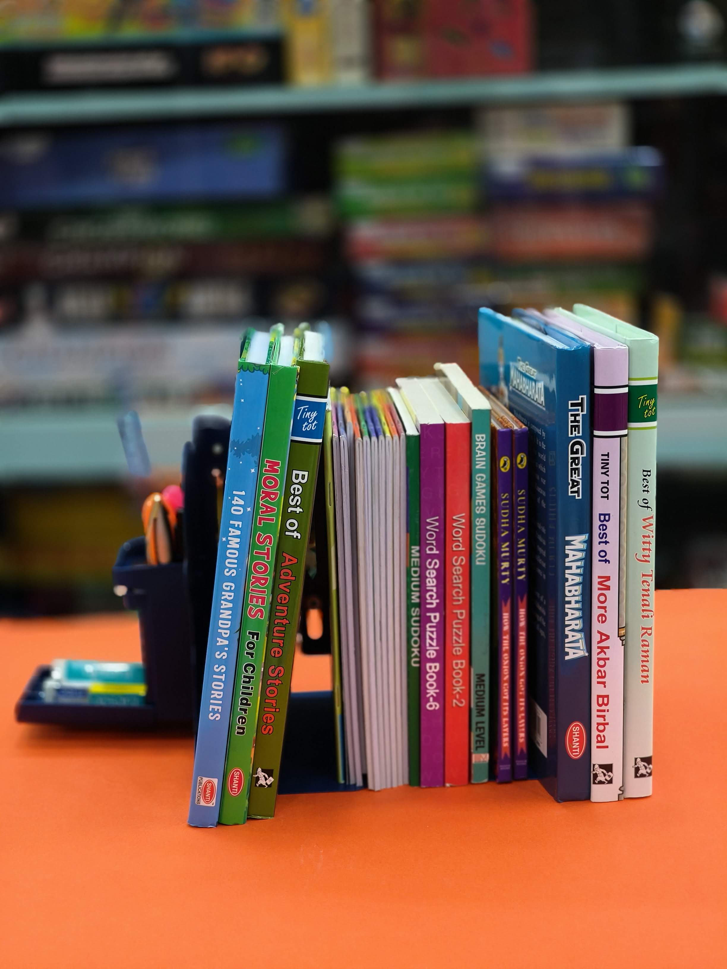 Metal Book Rack | Metal Book Shelf | Adjustable Book Stand with Pen Holder in Space Theme | Metal Semi-Open Book Shelf - KtoY