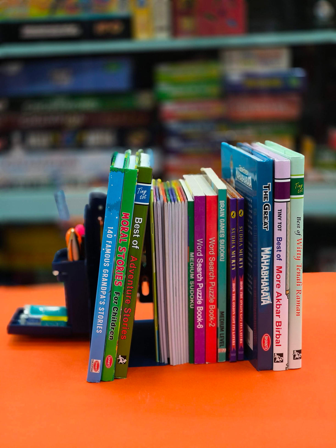 Metal Book Rack | Metal Book Shelf | Adjustable Book Stand with Pen Holder in Space Theme | Metal Semi-Open Book Shelf - KtoY