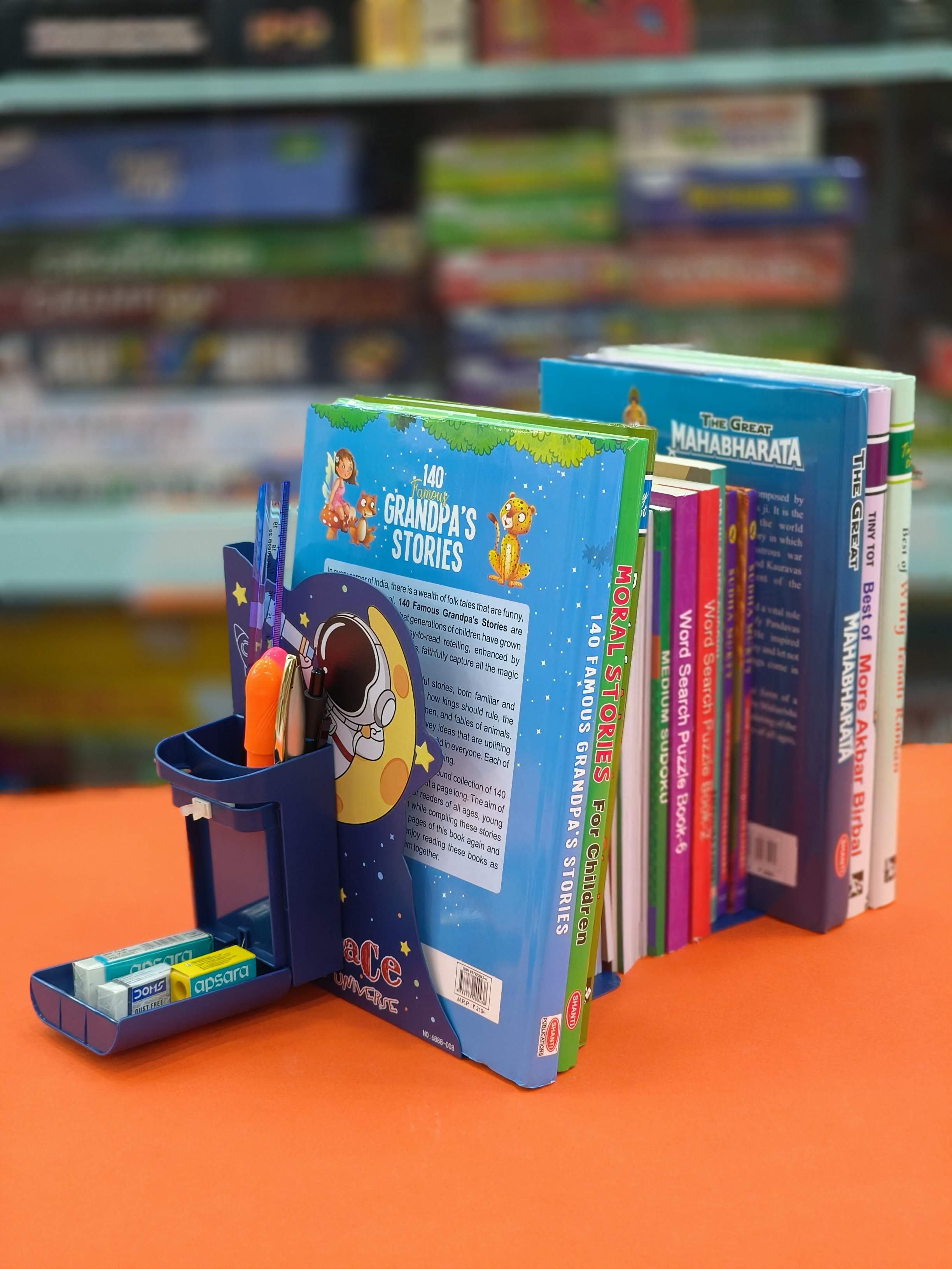 Metal Book Rack | Metal Book Shelf | Adjustable Book Stand with Pen Holder in Space Theme | Metal Semi-Open Book Shelf - KtoY