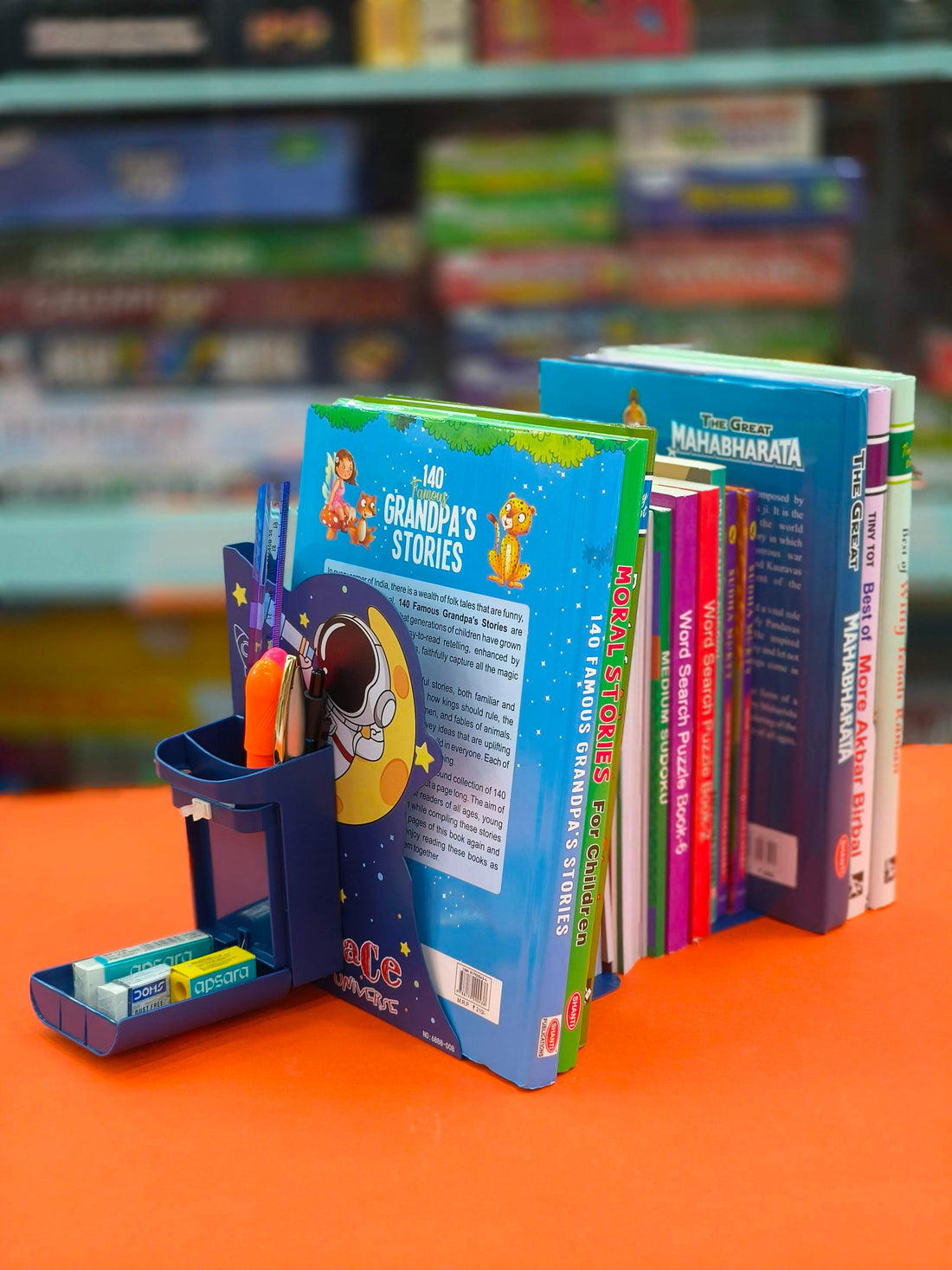 Metal Book Rack | Metal Book Shelf | Adjustable Book Stand with Pen Holder in Space Theme | Metal Semi-Open Book Shelf - KtoY