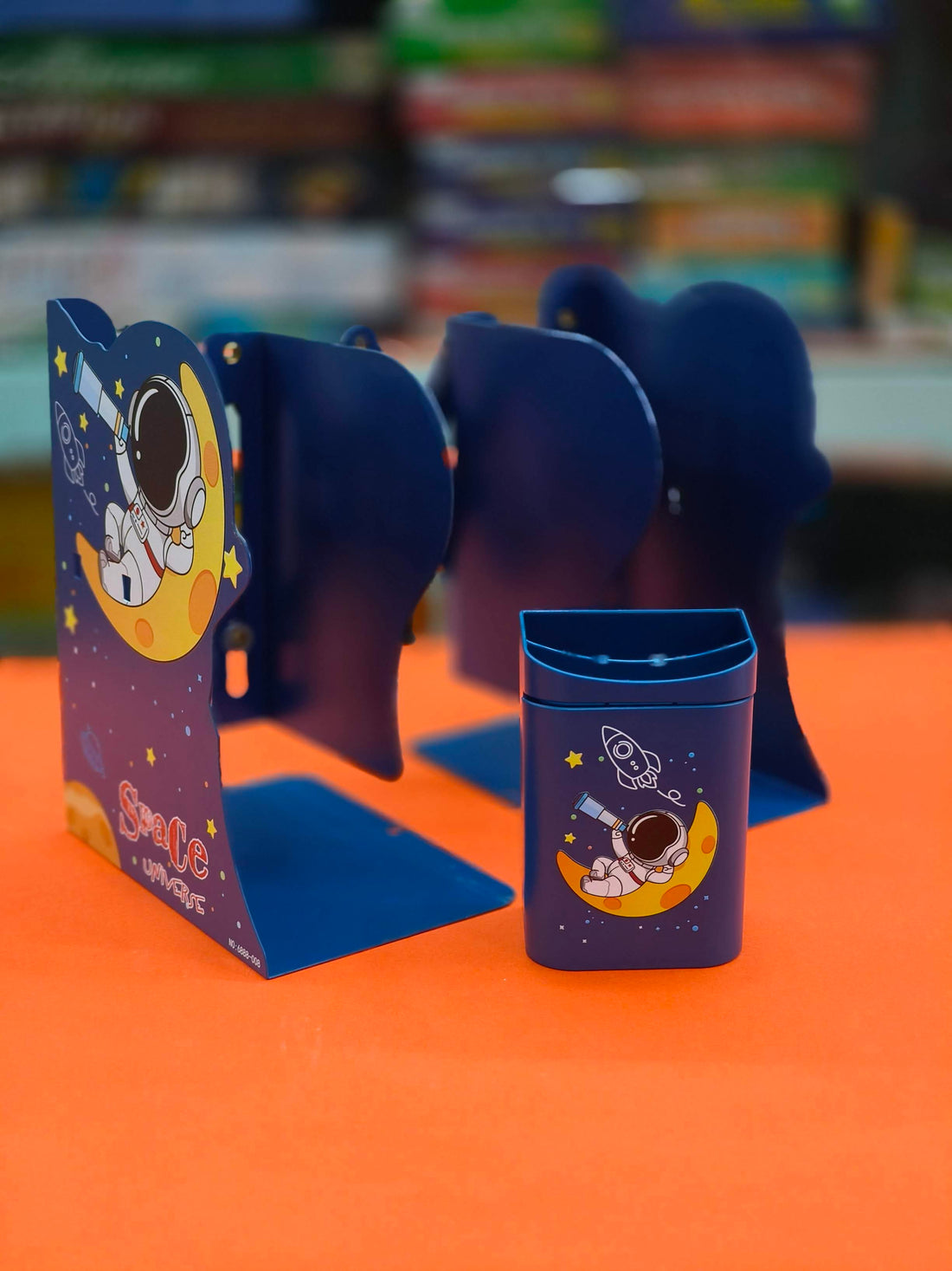 Metal Book Rack | Metal Book Shelf | Adjustable Book Stand with Pen Holder in Space Theme | Metal Semi-Open Book Shelf - KtoY