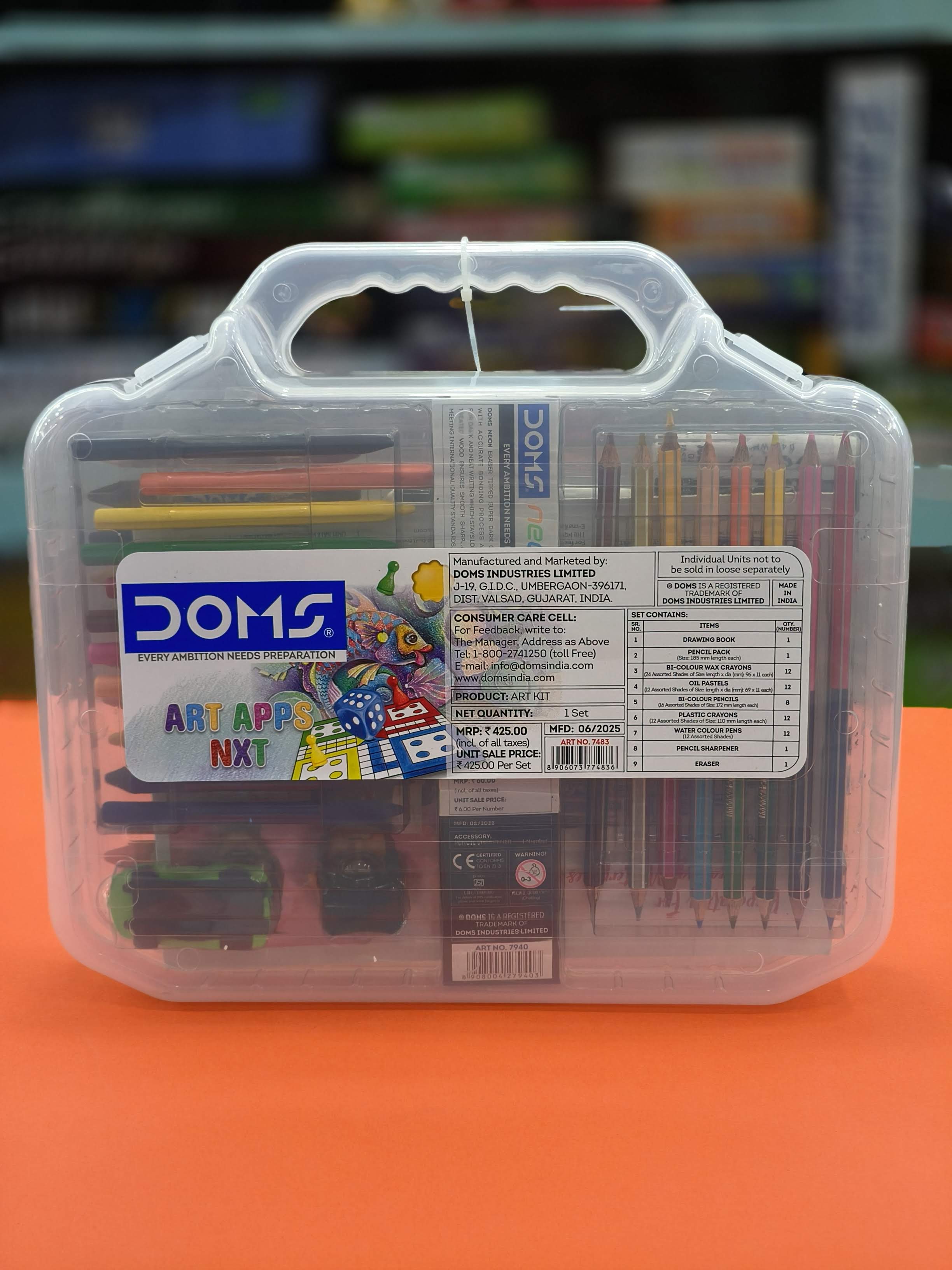 Doms Art Apps Nxt Kit With Plastic Carry Case | Perfect Value Pack | Kit For School Essentials | Gifting Range For Kids | Combination of 9 Stationery Items - KtoY