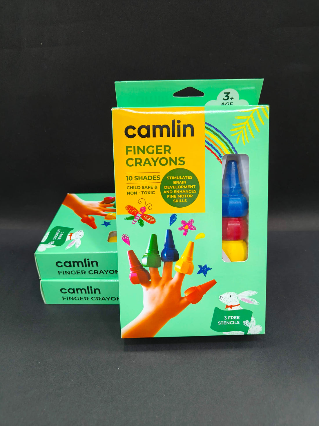 Camel Camlin Finger Grip Crayons - 10 Shades With Stencils | Multi-Coloured - KtoY