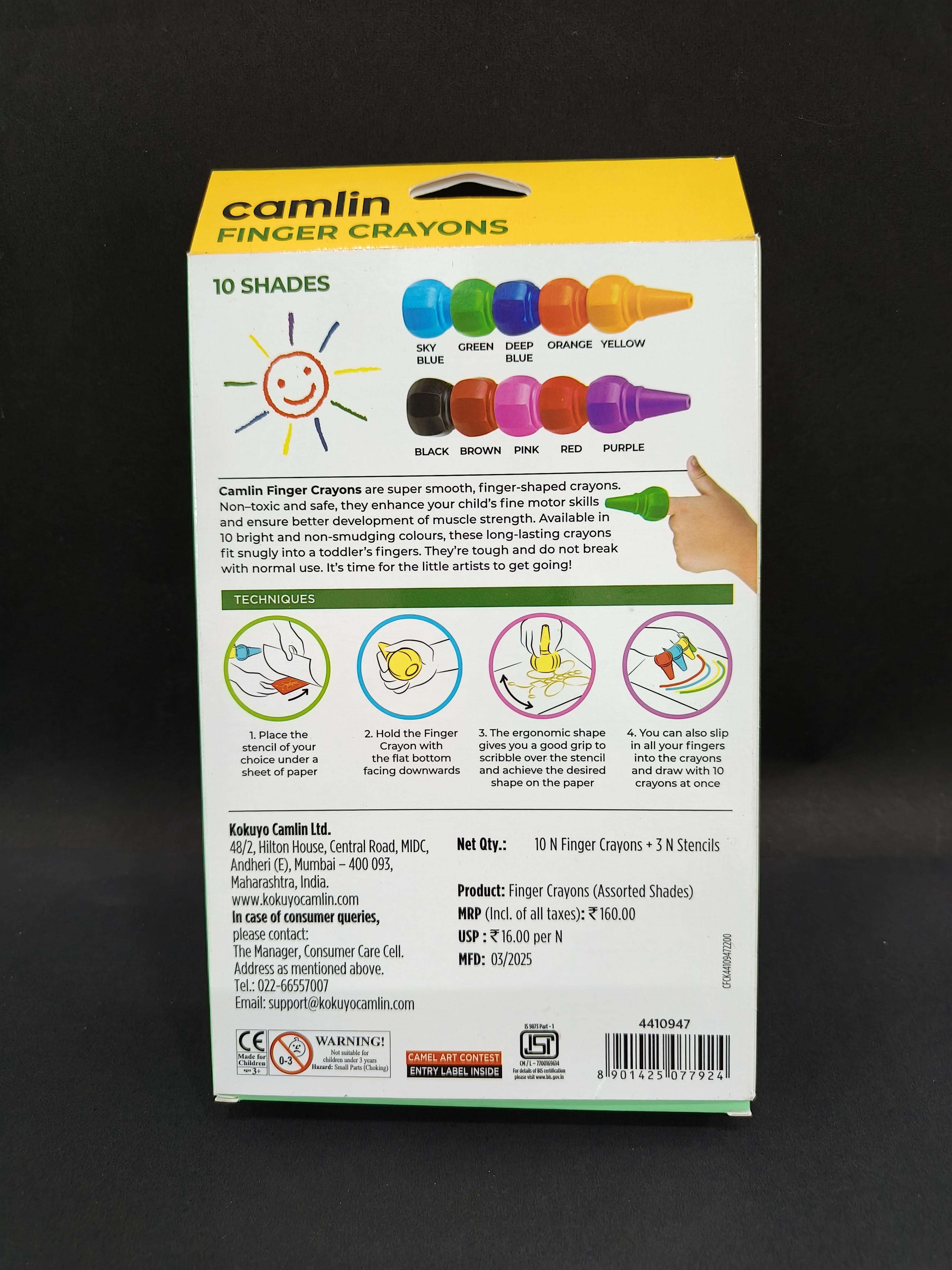 Camel Camlin Finger Grip Crayons - 10 Shades With Stencils | Multi-Coloured - KtoY