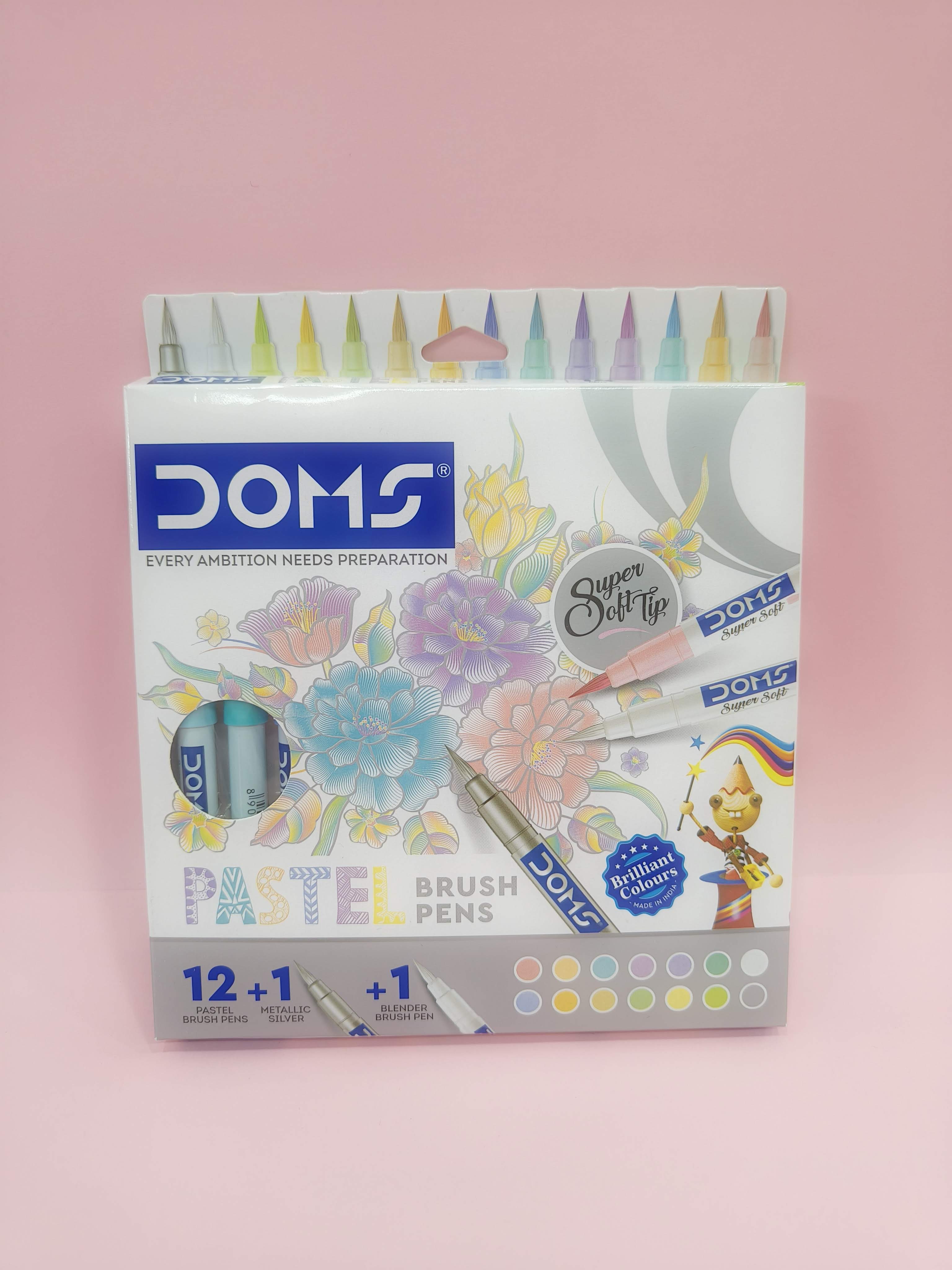 Doms Super Soft Tip Pastel Shades Brush Pen Set | 12 Pastel Shades + 1 Metallic Silver Shade + 1 Blender Brush Pen | Ideal for Doodling, Illustrations, Calligraphy, Artists, Students & Professioanls - KtoY