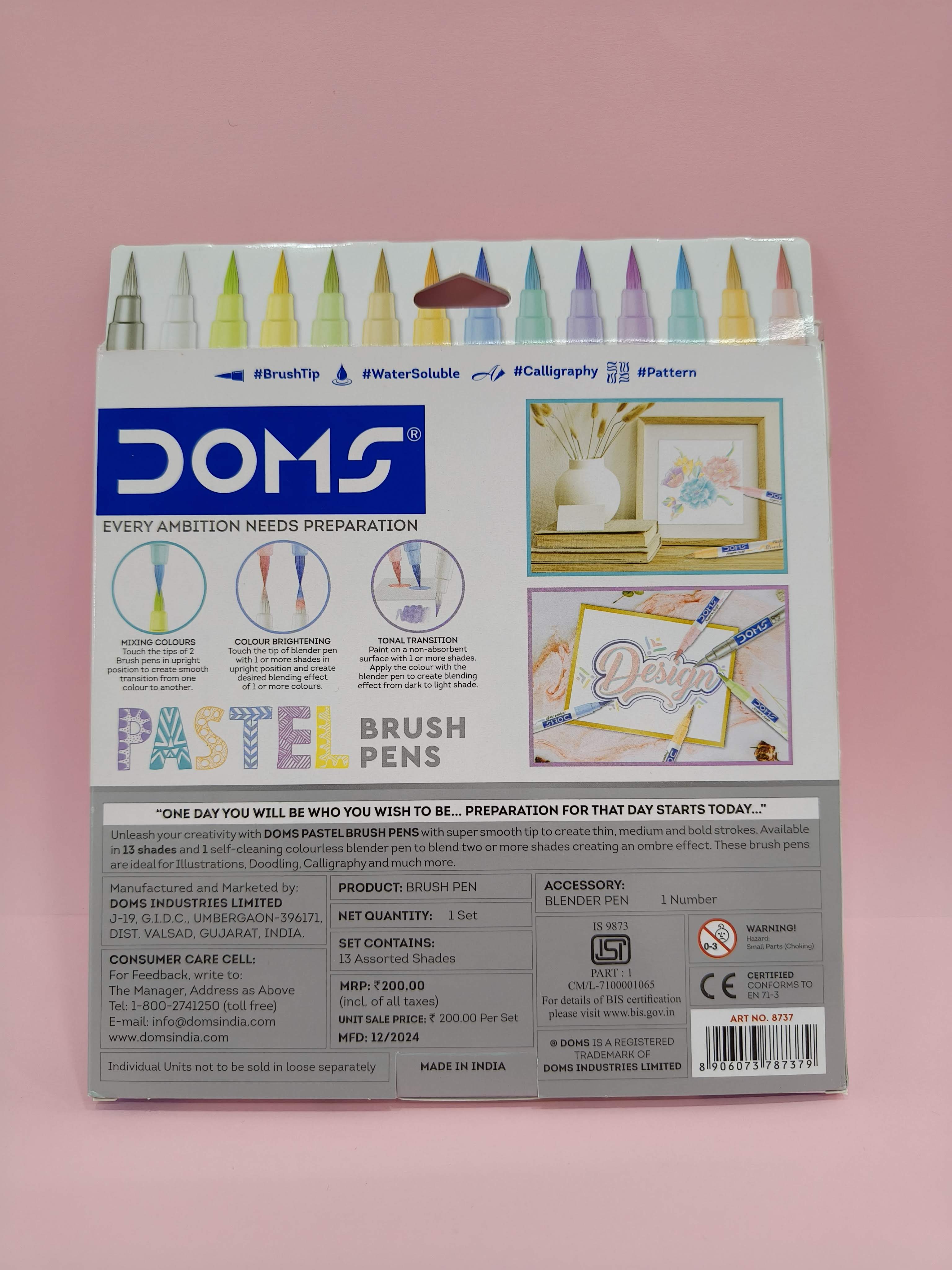 Doms Super Soft Tip Pastel Shades Brush Pen Set | 12 Pastel Shades + 1 Metallic Silver Shade + 1 Blender Brush Pen | Ideal for Doodling, Illustrations, Calligraphy, Artists, Students & Professioanls - KtoY