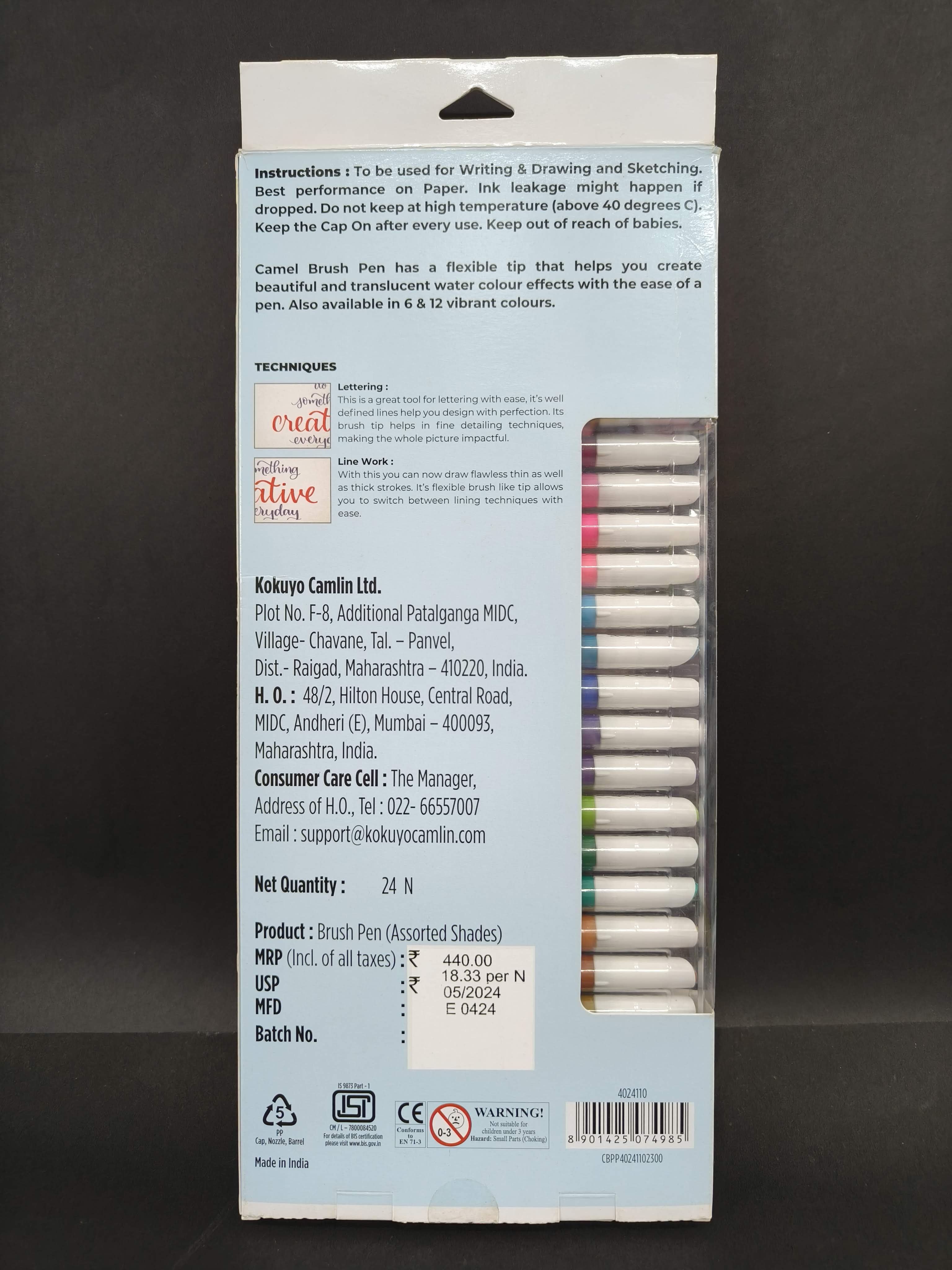 Camel Camlin Kokuyo Brush Pens, 24 Shades (Multicolor) - KtoY