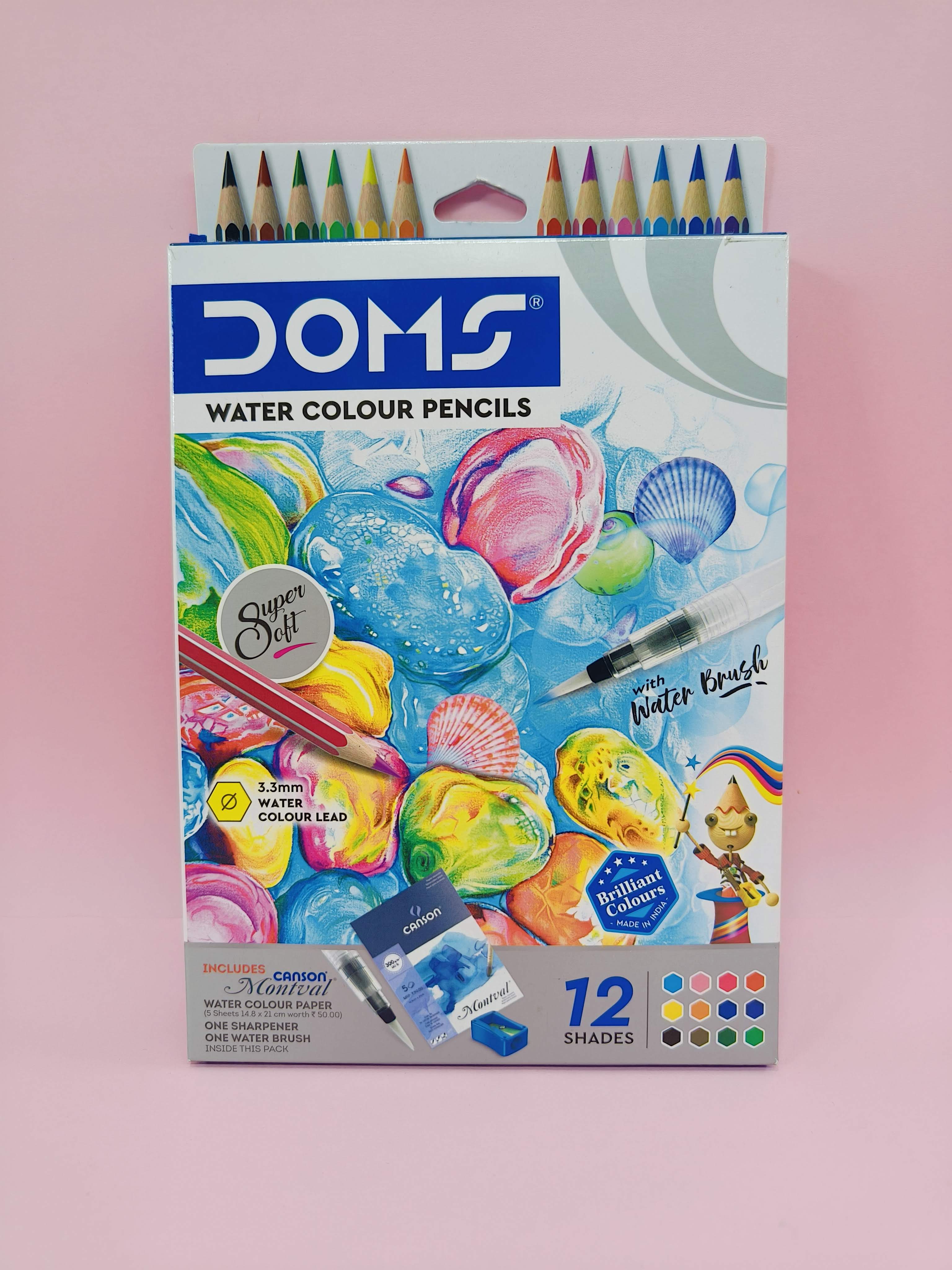DOMS Super Soft Hexagonal Pre-Sharpened Water Soluble Colour Pencils | Free Watercolor Paper, Sharpener & Water Brush | 3.3mm Watercolor Lead | 12 Shades | Pack of 1 - KtoY