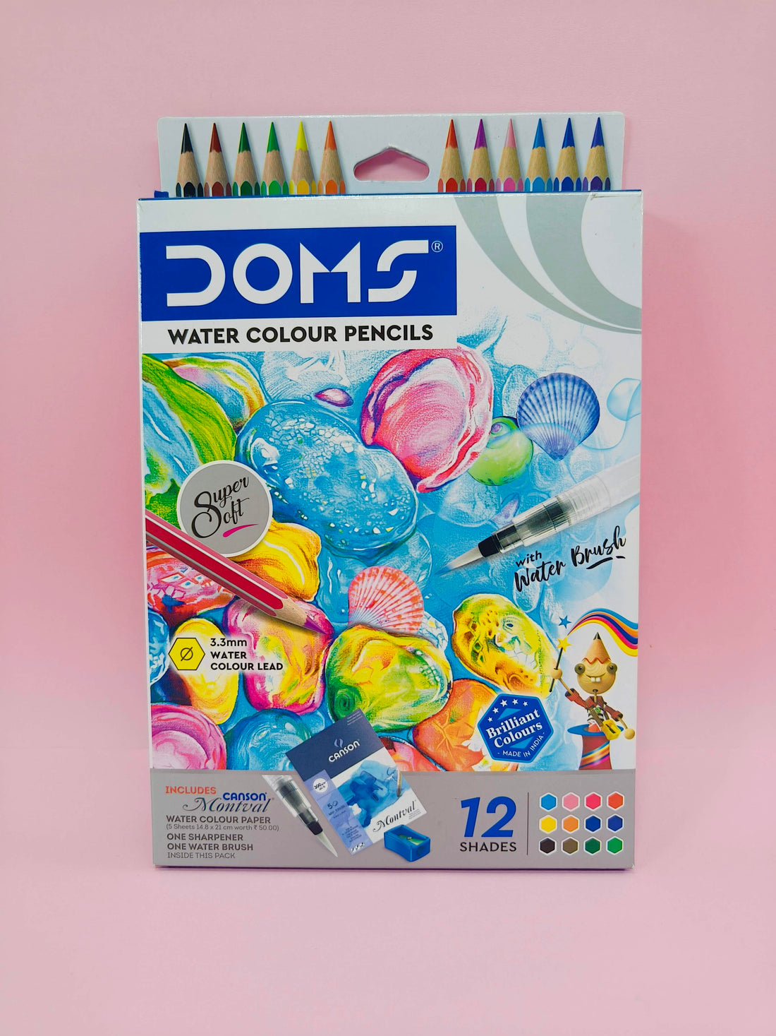 DOMS Super Soft Hexagonal Pre-Sharpened Water Soluble Colour Pencils | Free Watercolor Paper, Sharpener & Water Brush | 3.3mm Watercolor Lead | 12 Shades | Pack of 1 - KtoY