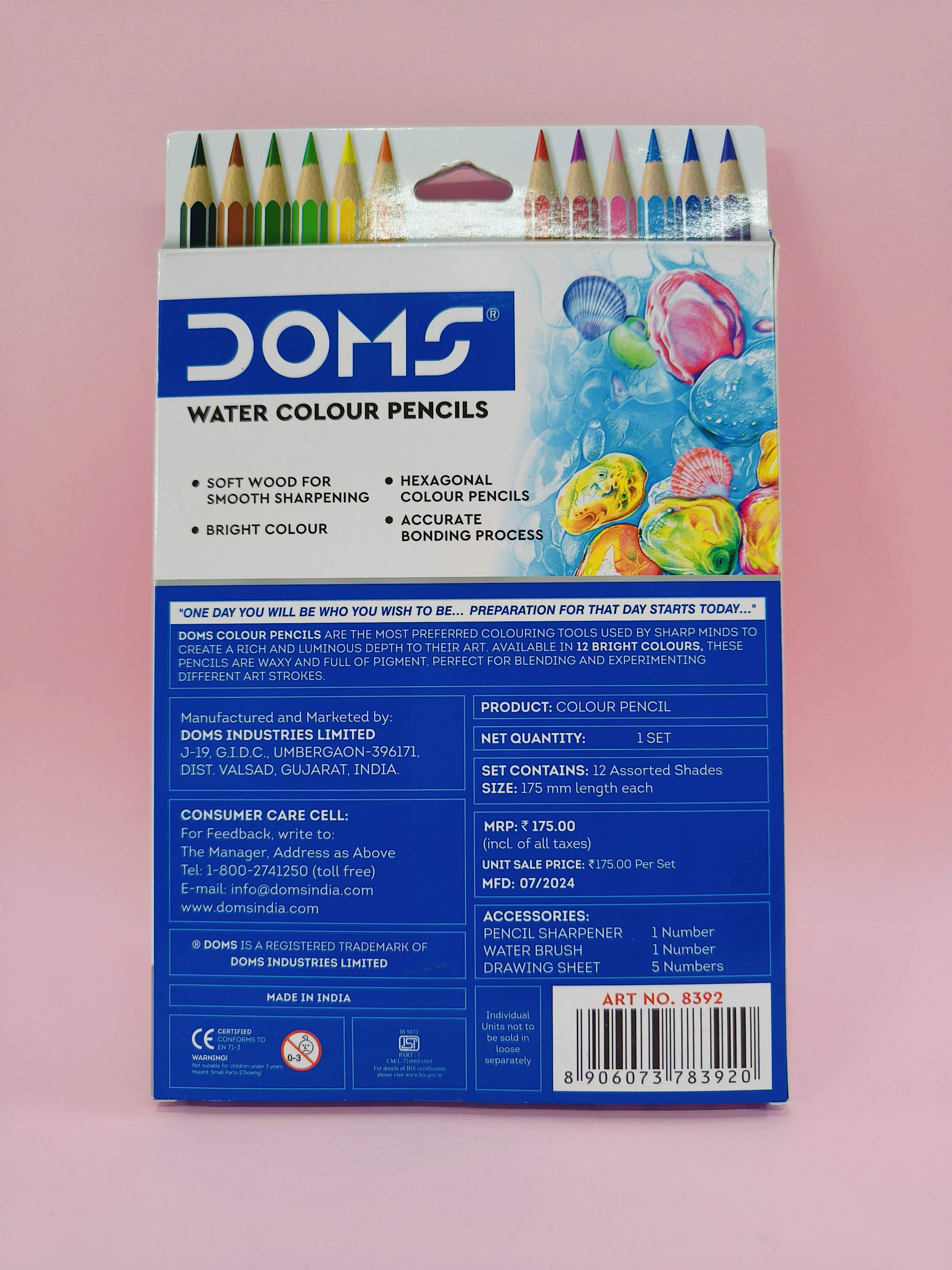DOMS Super Soft Hexagonal Pre-Sharpened Water Soluble Colour Pencils | Free Watercolor Paper, Sharpener & Water Brush | 3.3mm Watercolor Lead | 12 Shades | Pack of 1 - KtoY