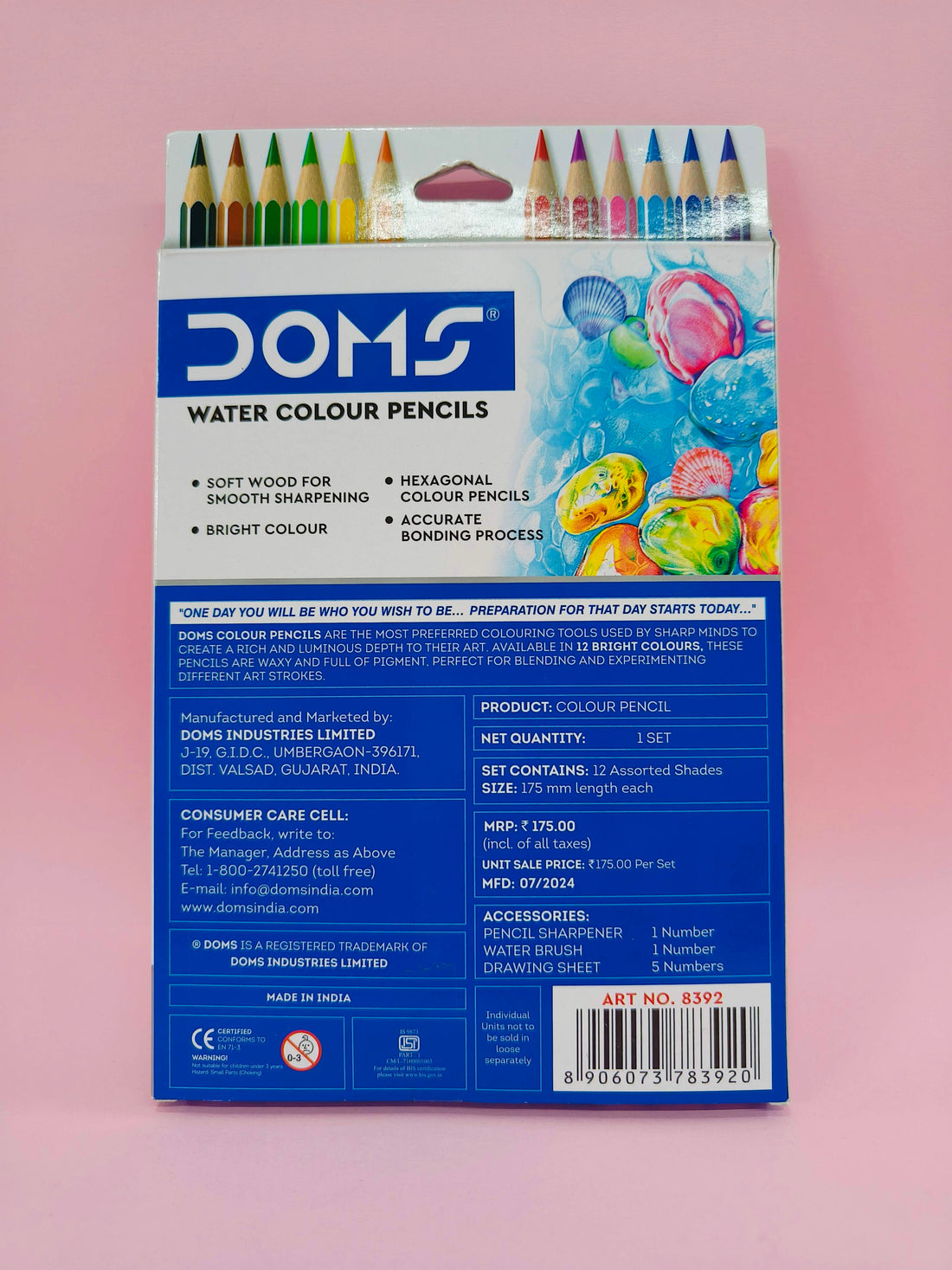DOMS Super Soft Hexagonal Pre-Sharpened Water Soluble Colour Pencils | Free Watercolor Paper, Sharpener & Water Brush | 3.3mm Watercolor Lead | 12 Shades | Pack of 1 - KtoY