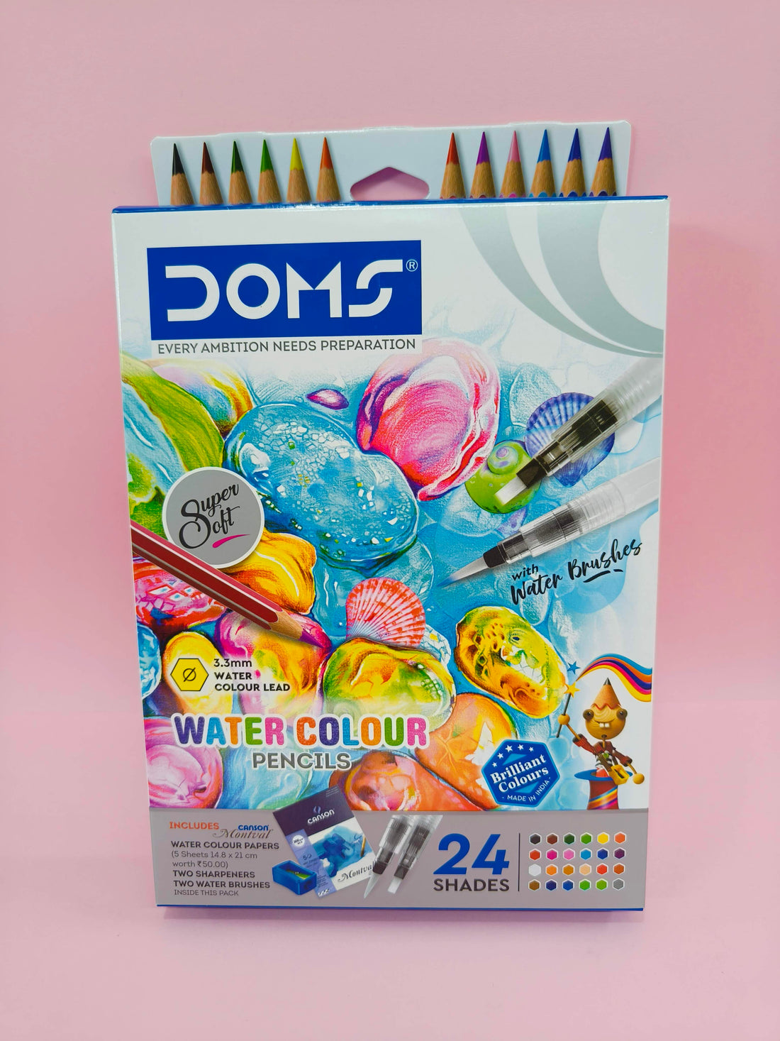 Doms Super Soft Hexagonal Pre-Sharpened Water Soluble 24 Shaes Colour Pencils | Free 5 Watercolor Paper, 2 Sharpeners & 2 Water Brushes | Pack Of 1 | Ink Multicolor - KtoY
