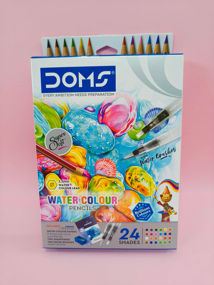 Doms Super Soft Hexagonal Pre-Sharpened Water Soluble 24 Shaes Colour Pencils | Free 5 Watercolor Paper, 2 Sharpeners & 2 Water Brushes | Pack Of 1 | Ink Multicolor