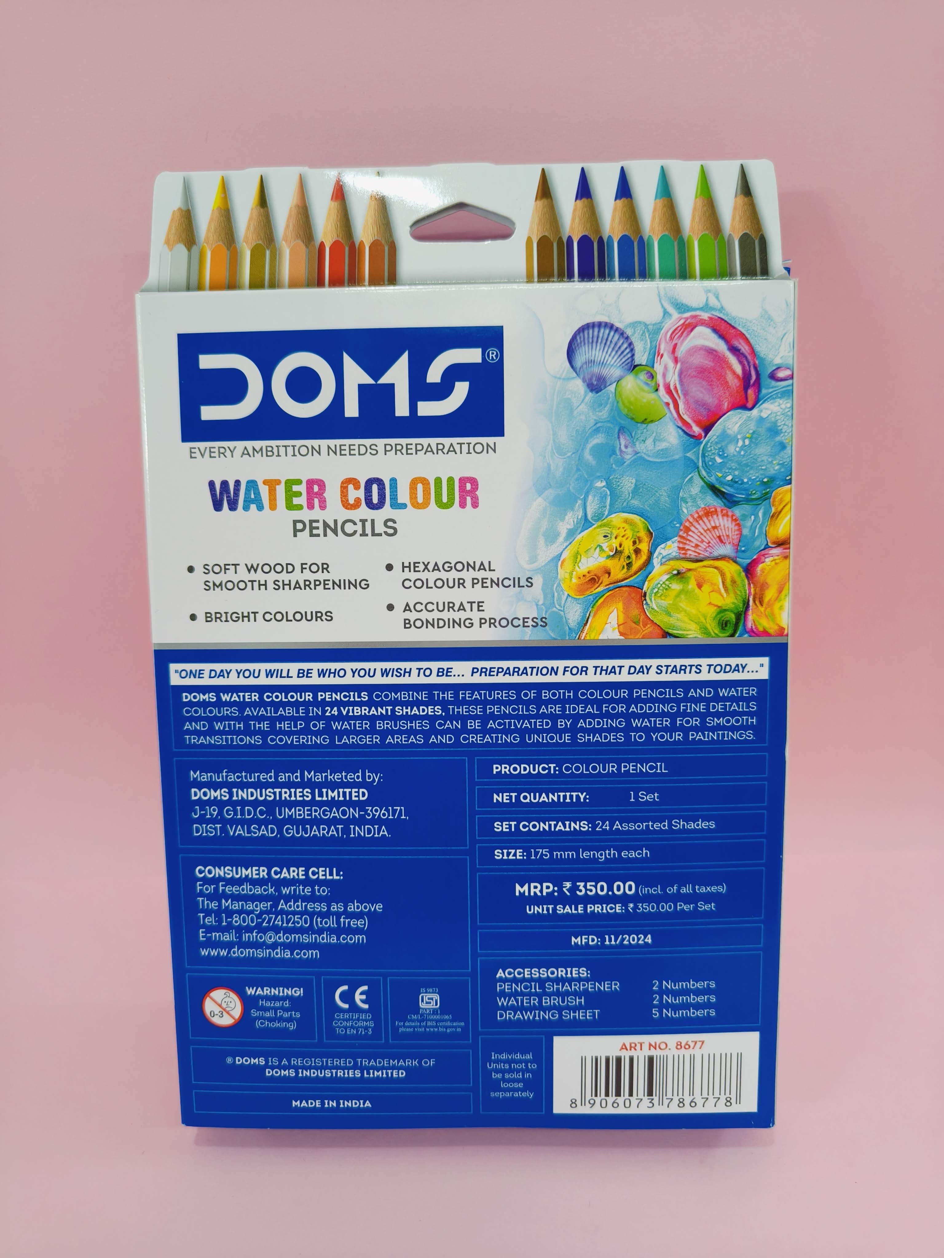 Doms Super Soft Hexagonal Pre-Sharpened Water Soluble 24 Shaes Colour Pencils | Free 5 Watercolor Paper, 2 Sharpeners & 2 Water Brushes | Pack Of 1 | Ink Multicolor - KtoY