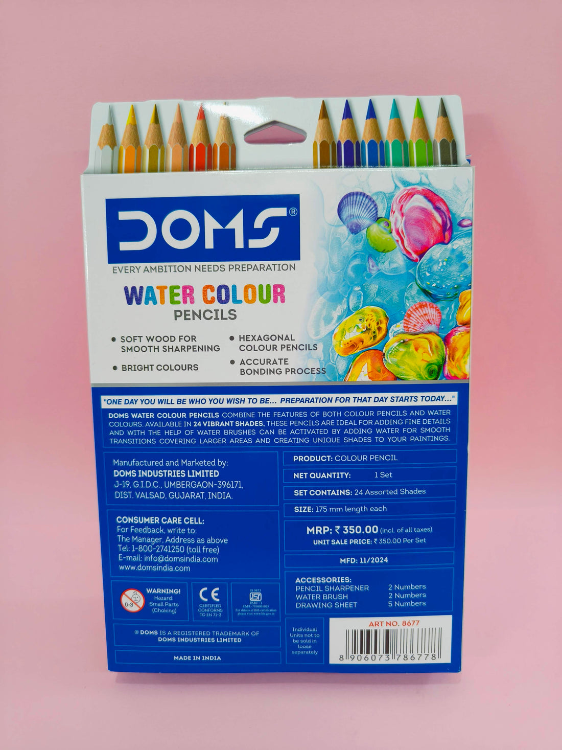 Doms Super Soft Hexagonal Pre-Sharpened Water Soluble 24 Shaes Colour Pencils | Free 5 Watercolor Paper, 2 Sharpeners & 2 Water Brushes | Pack Of 1 | Ink Multicolor - KtoY