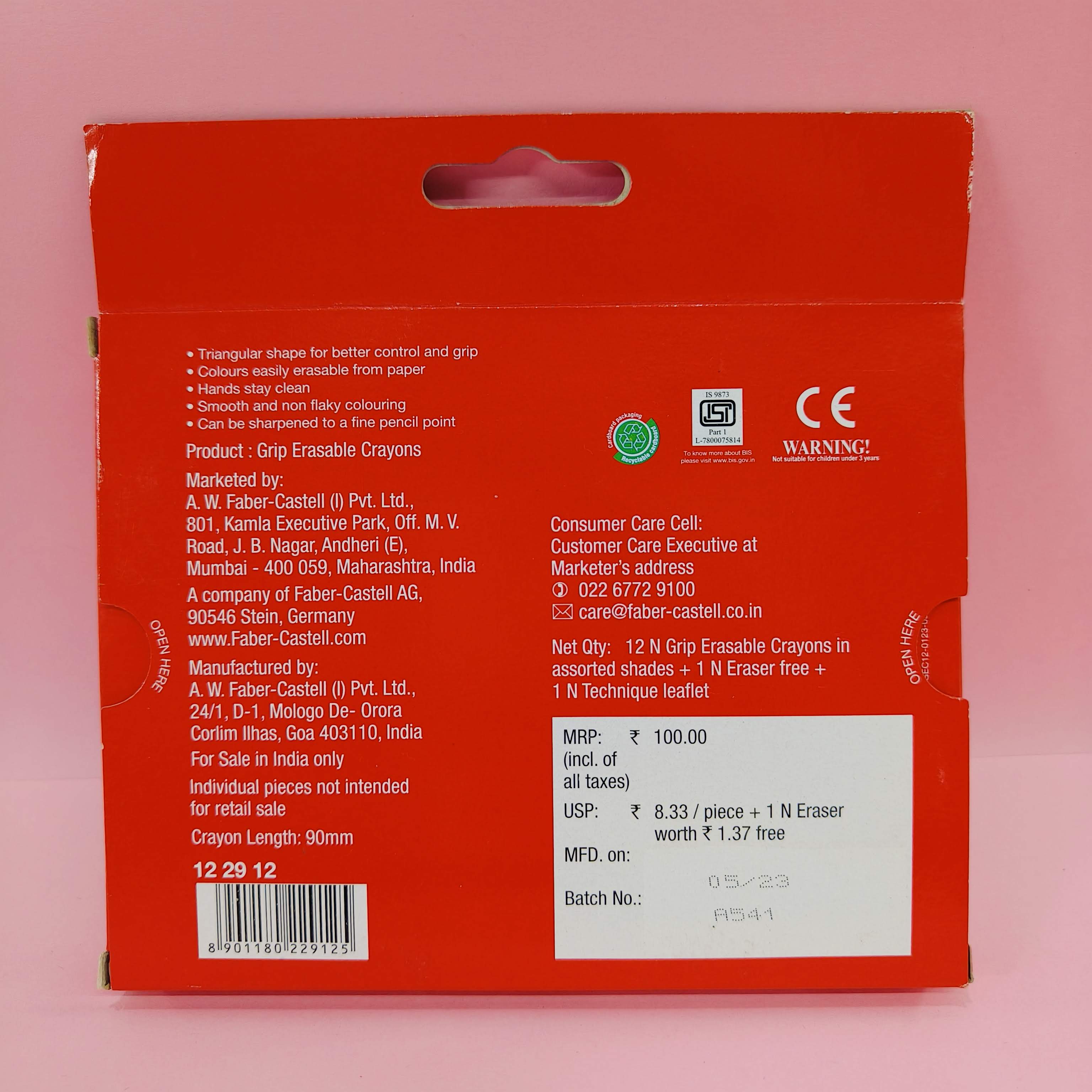 Faber-Castell Grip Erasable Crayon Set | Crayons Set for Toddlers | Pack of 12 Assorted Colours - KtoY