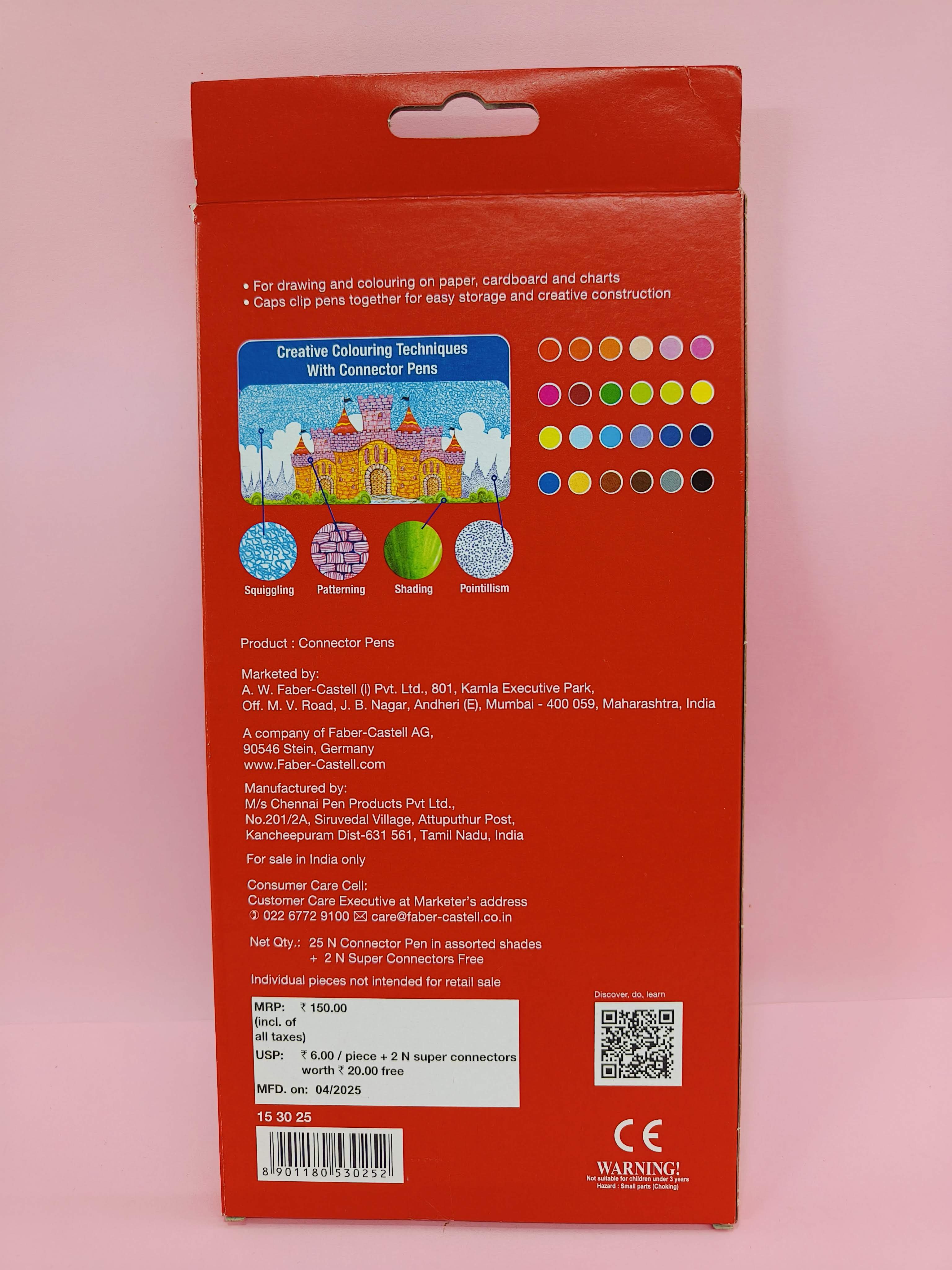 Faber-Castell Connector Pen Set – Pack of 25 | Bright Colours & Smooth Ink Flow | Snap-On Connector Caps for Creative Play | Non-Toxic & Child-Safe Art Pens | 25 Shades - KtoY